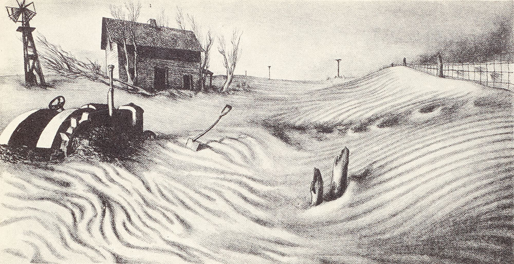 Bookplate depicting farmland during the Dust Bowl