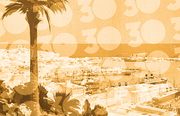 Illustrated harbor scene with palm trees in the foreground, a hillside city and marina with multiple ships, and repeated “30” numerals overlaid across the image