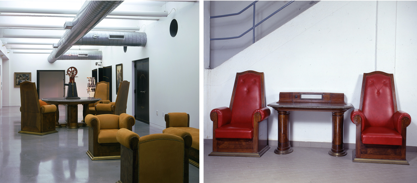 Two gallery views showing upholstered armchairs and tables arranged in two separate settings, one under exposed ductwork, and another against a white wall