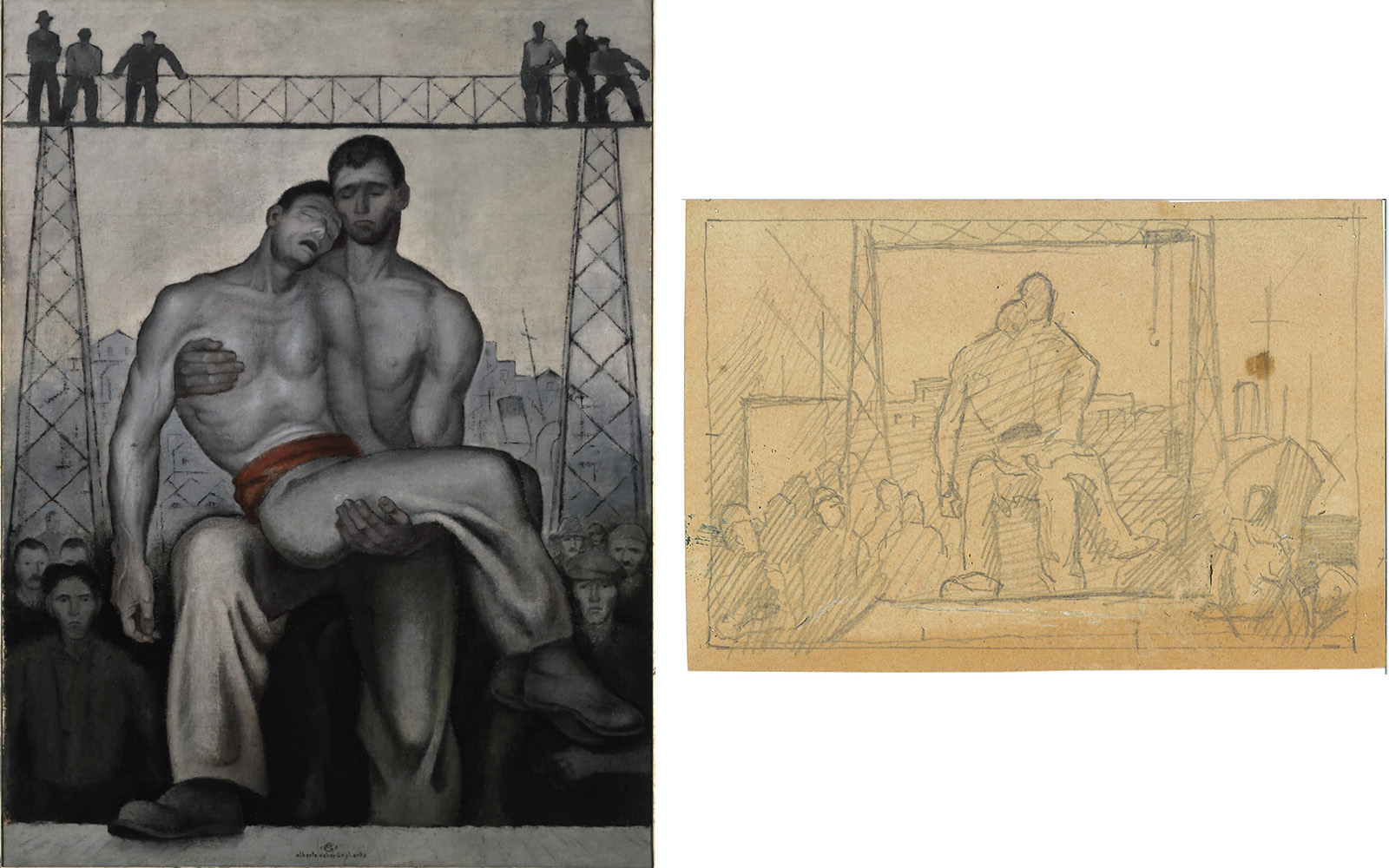 Side by side images show a finished painting and a preparatory drawing of two figures one carrying the other before a crowd and industrial structure