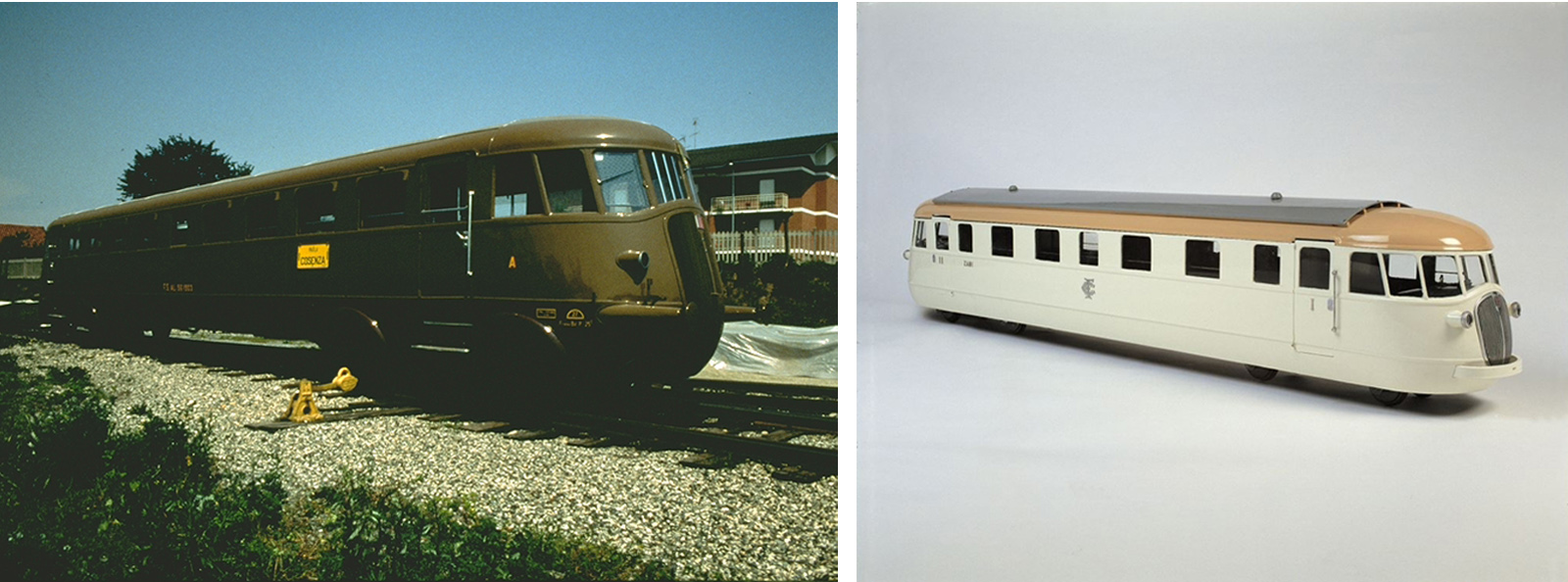 Side by side images of a streamlined railcar outdoors and a scale model of the same railcar