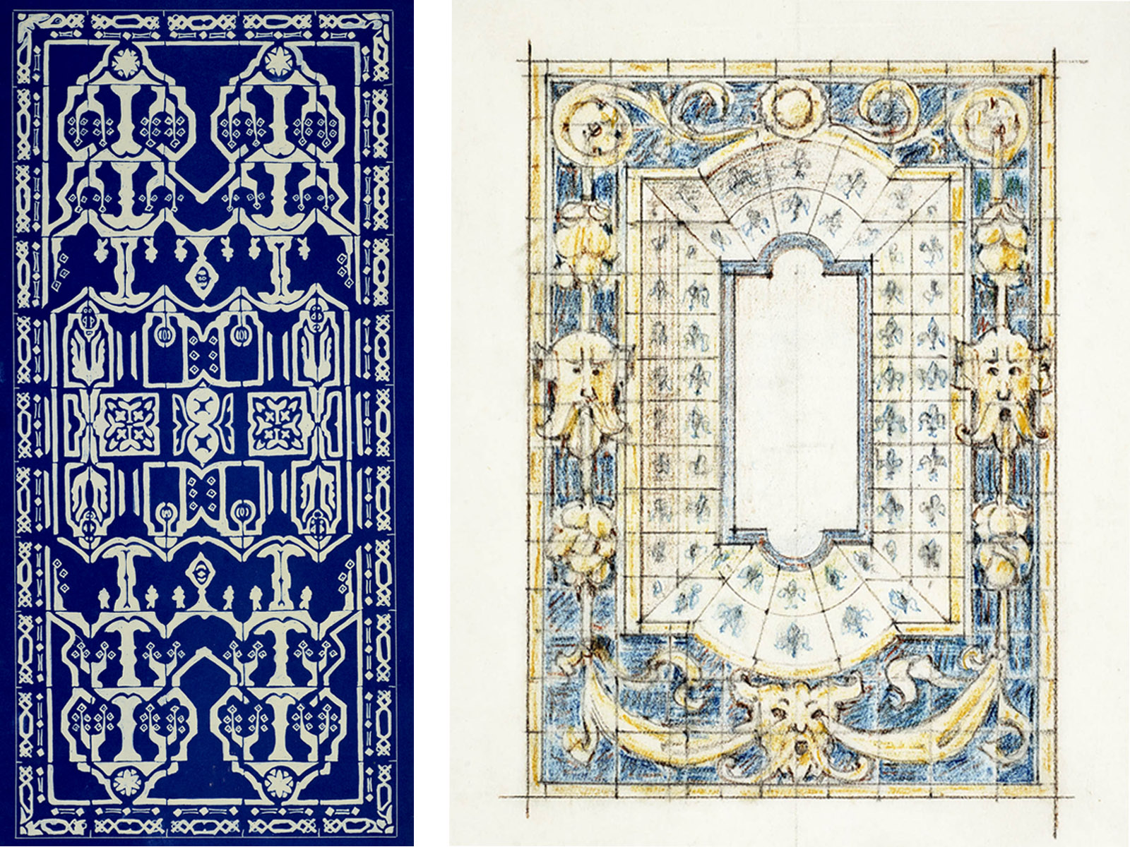 Two intricate designs side by side. The left design is a blue and white geometric pattern with floral elements. The right design is a decorative architectural drawing with ornate borders and intricate detailing.