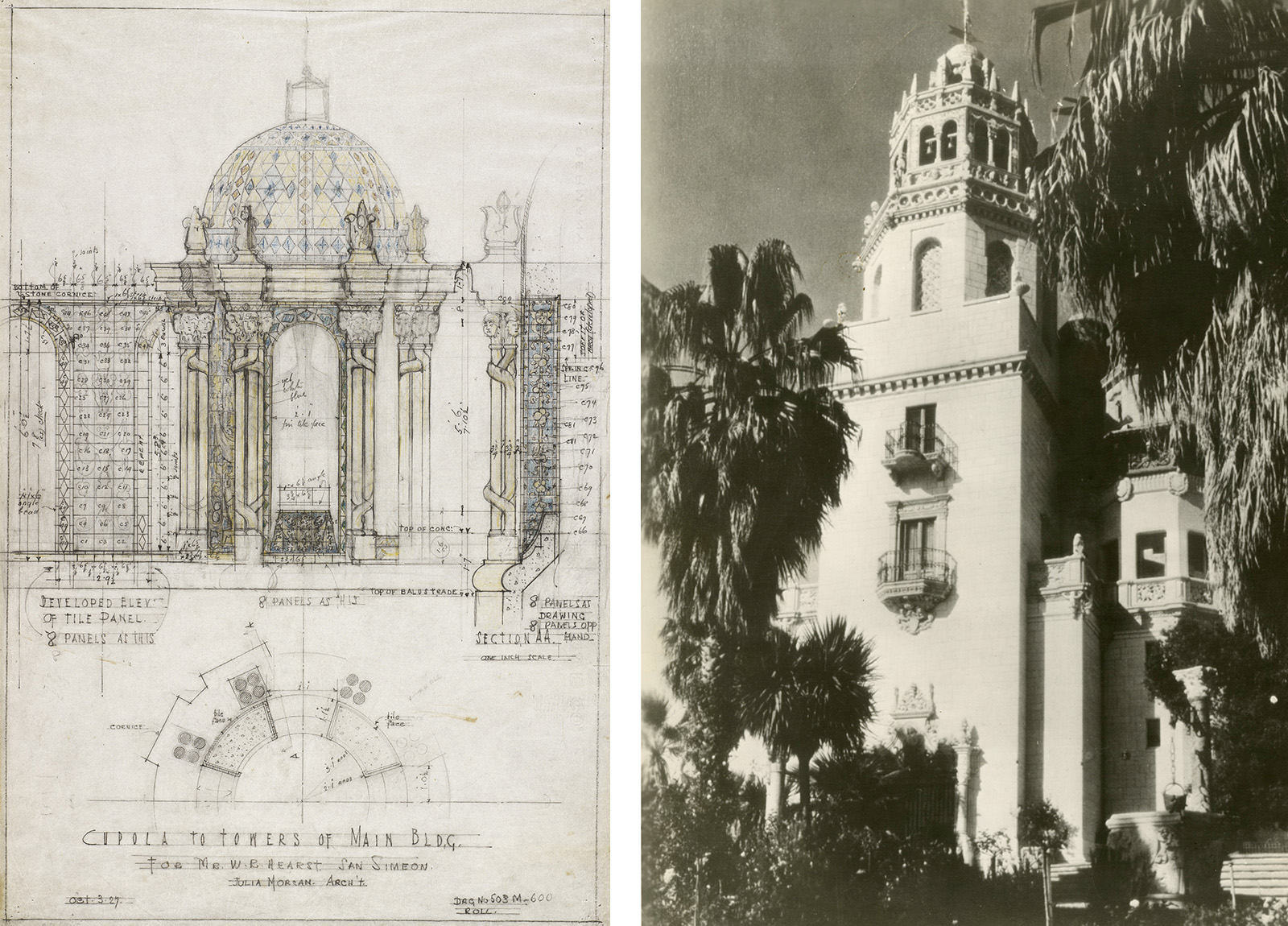 A historical architectural blueprint of a domed structure on the left, and a sepia-toned photograph of a grand building with a dome and ornate details amid palm trees on the right.