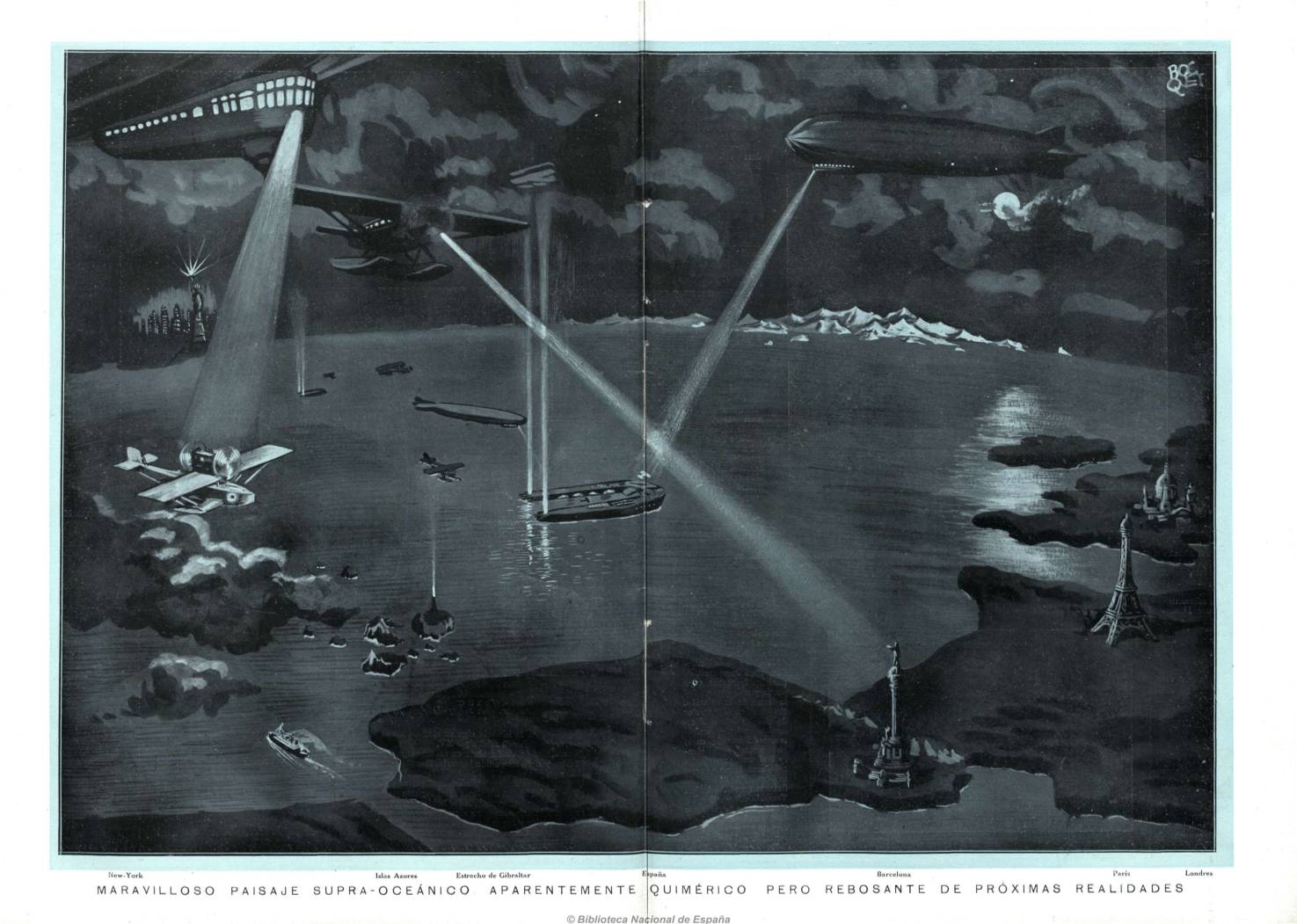 Nighttime illustration of an ocean scene with multiple airships hovering above, projecting bright searchlights onto the water. A large ship is in the center, with smaller boats and an airplane nearby.