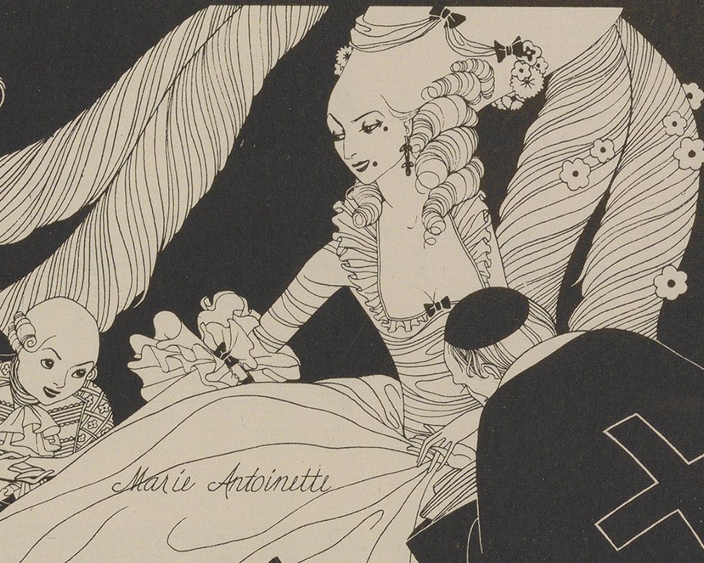 Black-and-white illustration of a woman with curled hair and a ruffled dress reaching for her draped gown, with a servant at left and a priest leaning in at right. 