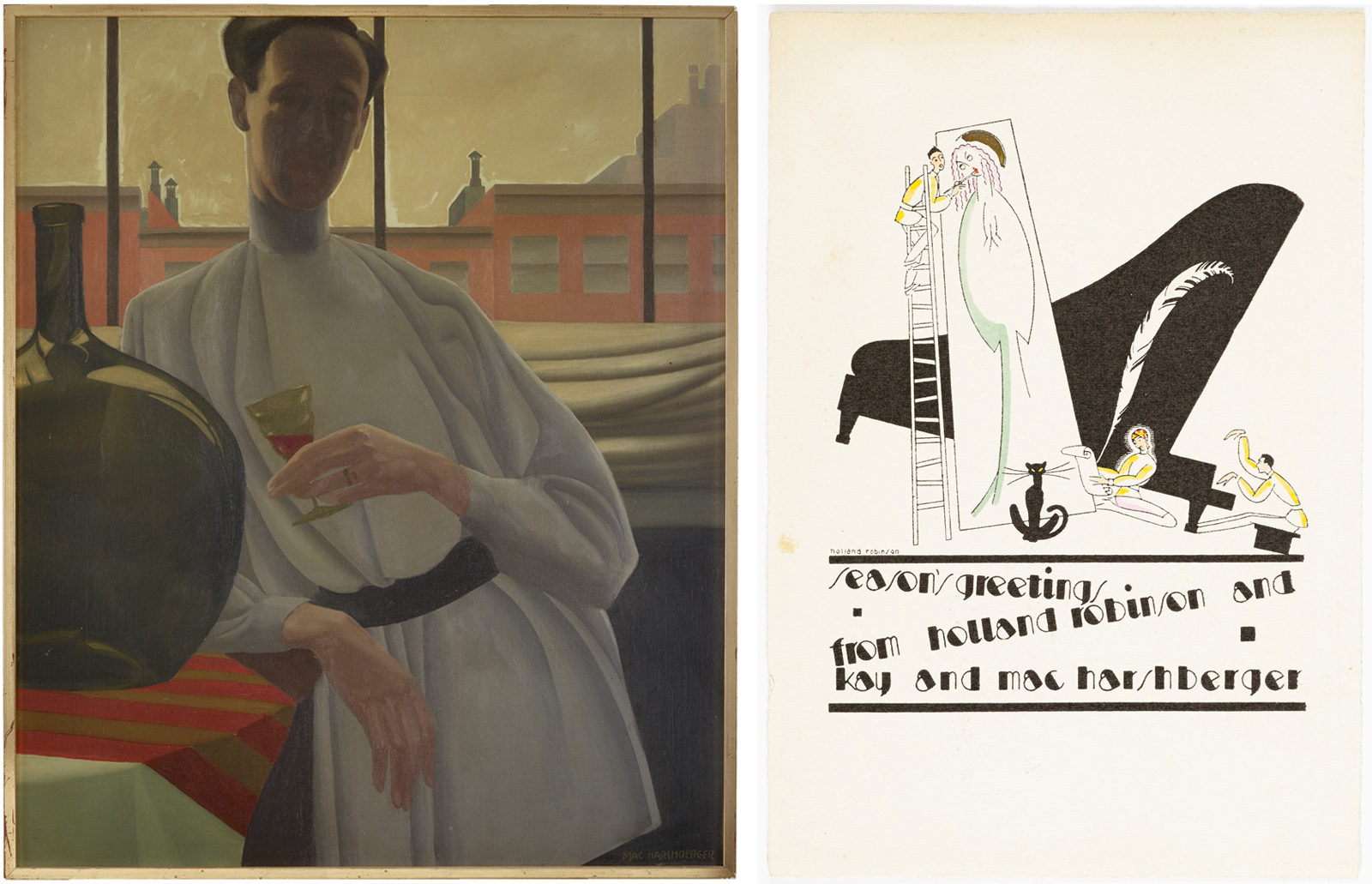 Two images. Left: painting of a person in a light-colored garment holding a small glass beside a large green bottle on a striped cloth, with buildings visible through a window. Right: illustration of three figures around an upright piano; one stands on a ladder painting a tall robed figure while others sit nearby. Text reads: “Season’s Greetings from Holland Robinson and Kay and Mac Harshberger.”