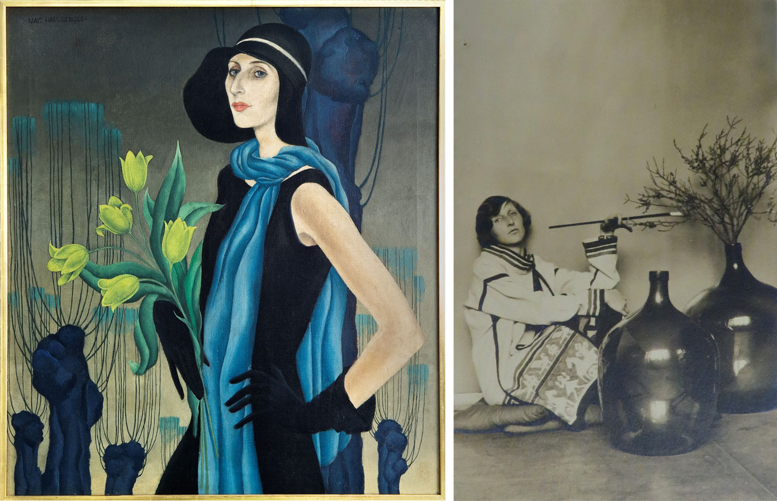 Two images. Left: painting of a woman in a dark outfit with a blue scarf holding yellow tulips against an abstract background. Right: black-and-white photograph of a woman seated on the floor in a patterned garment holding a large paintbrush beside ceramic jars and branches.