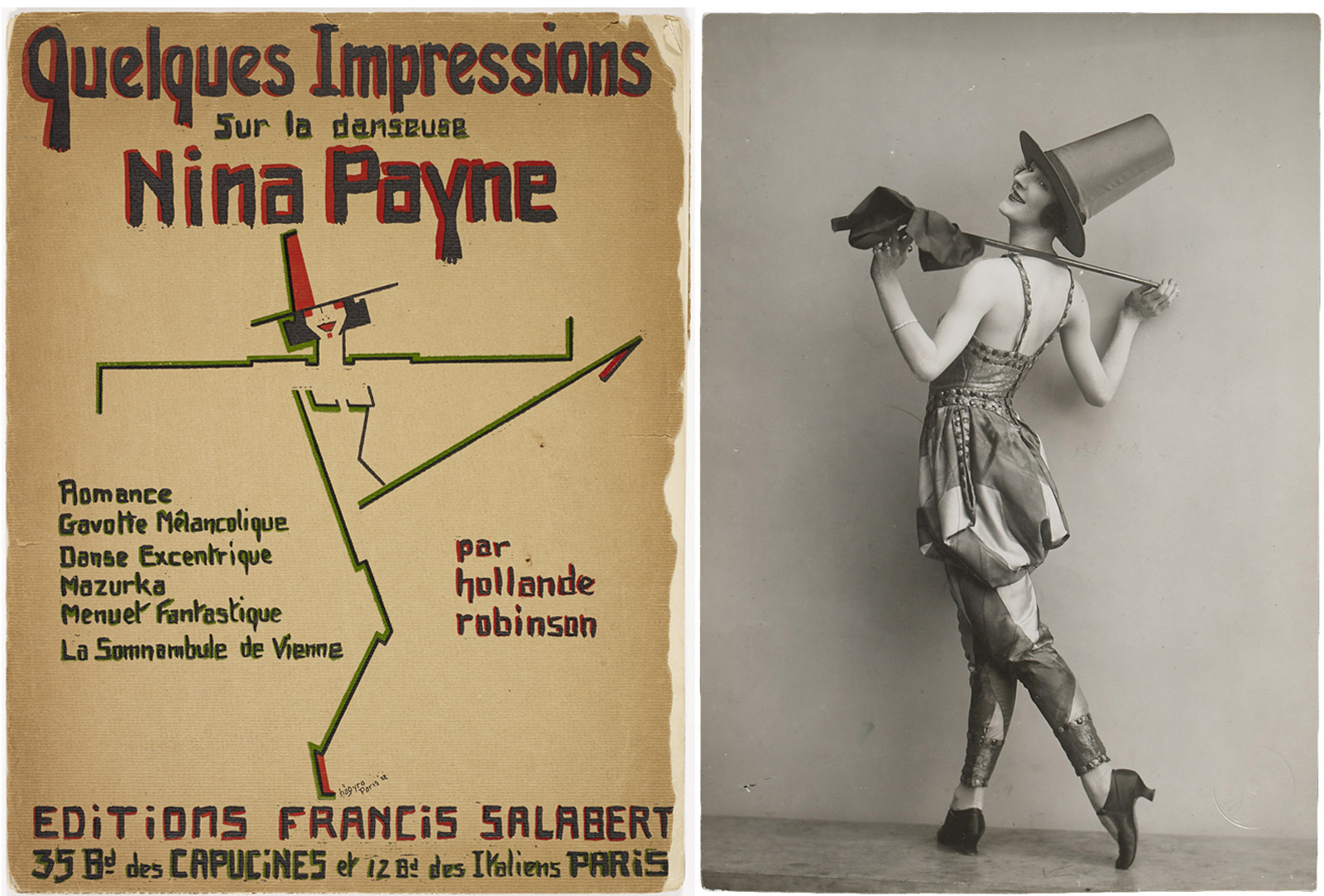 Two images. Left: photograph of a costumed performer wearing a top hat, holding a cane, and looking over her shoulder. Right: poster with a stylized illustration of a dancer. Text includes: “Quelques Impressions sur la danseuse Nina Payne” and additional French text.