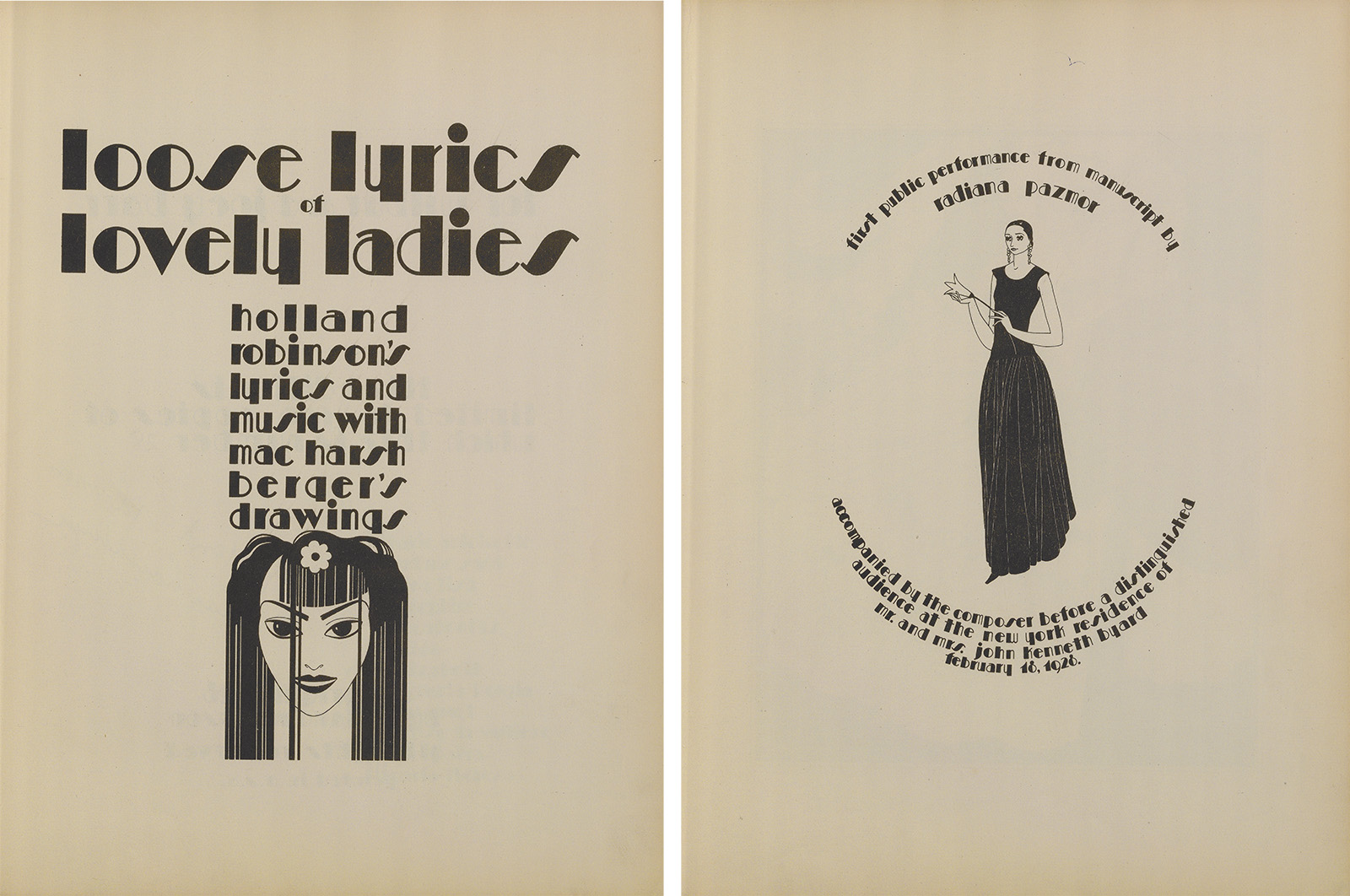 Two pages. Left: title page reading “Loose Lyrics of Lovely Ladies” with additional text and a stylized illustrated face below. Right: illustration of a woman in a long dark dress, surrounded by curved text.