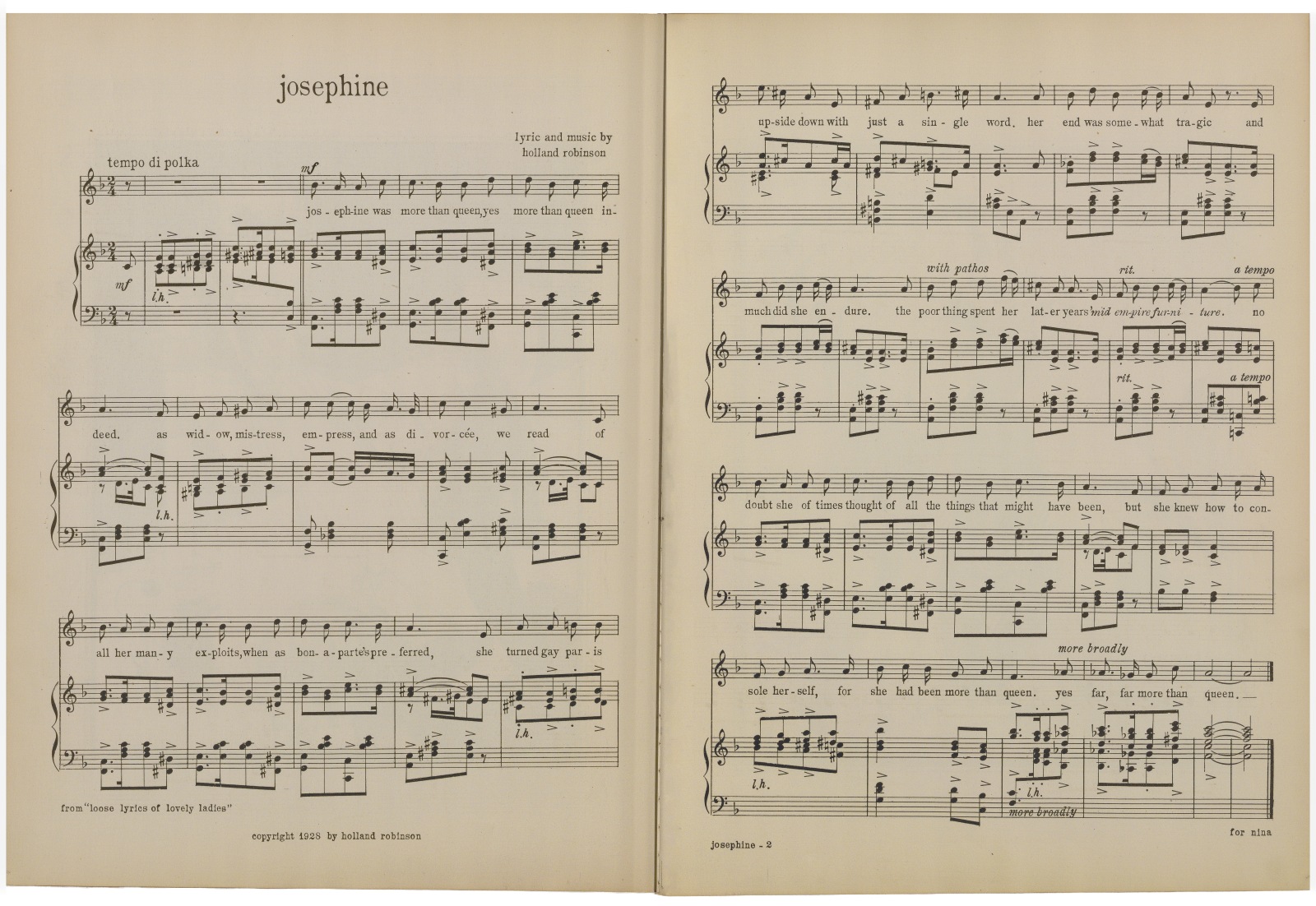 Two-page spread of sheet music titled “josephine,” with musical notation and lyrics across both pages