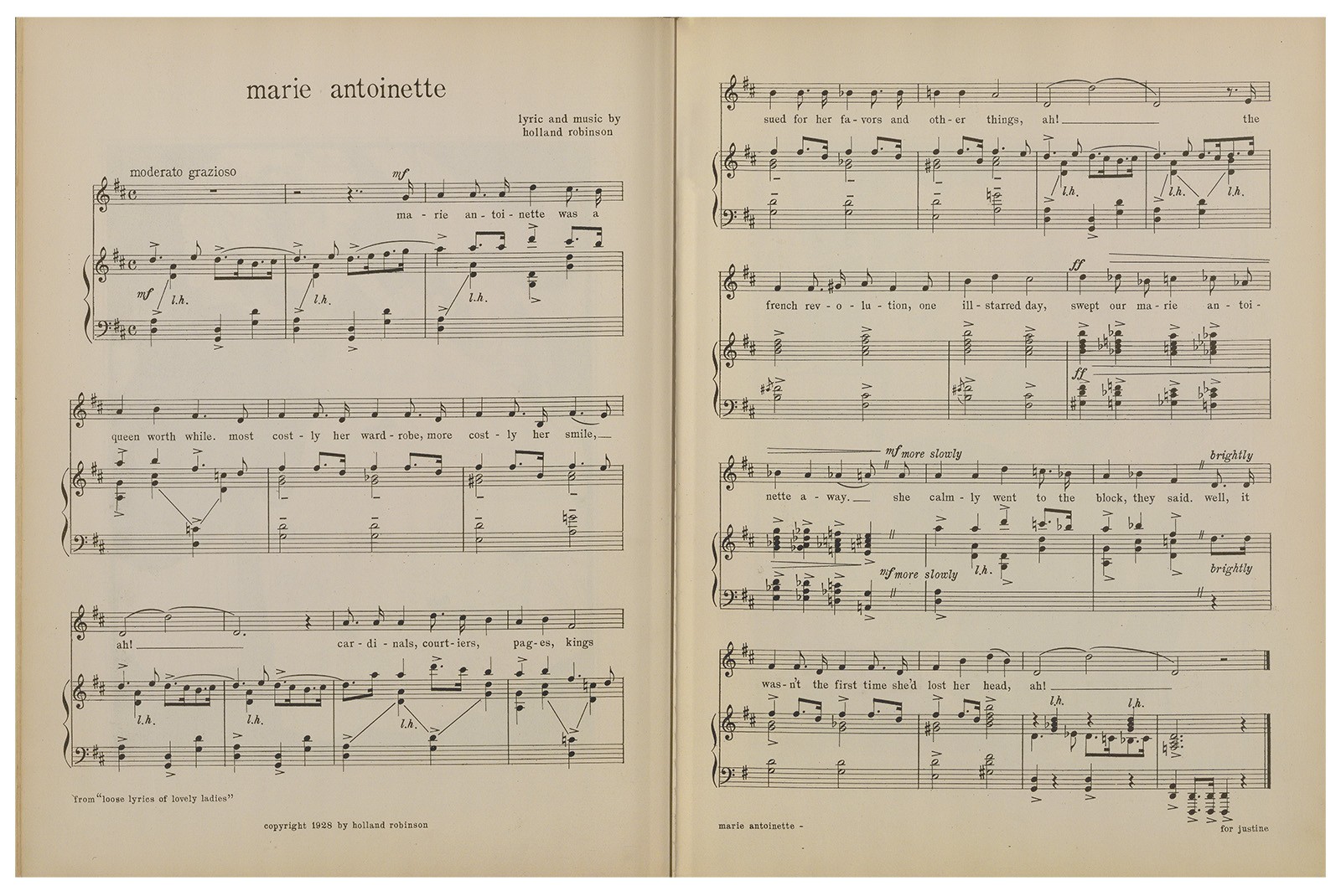 Two-page spread of sheet music titled “marie antoinette,” with musical notation and lyrics across both pages