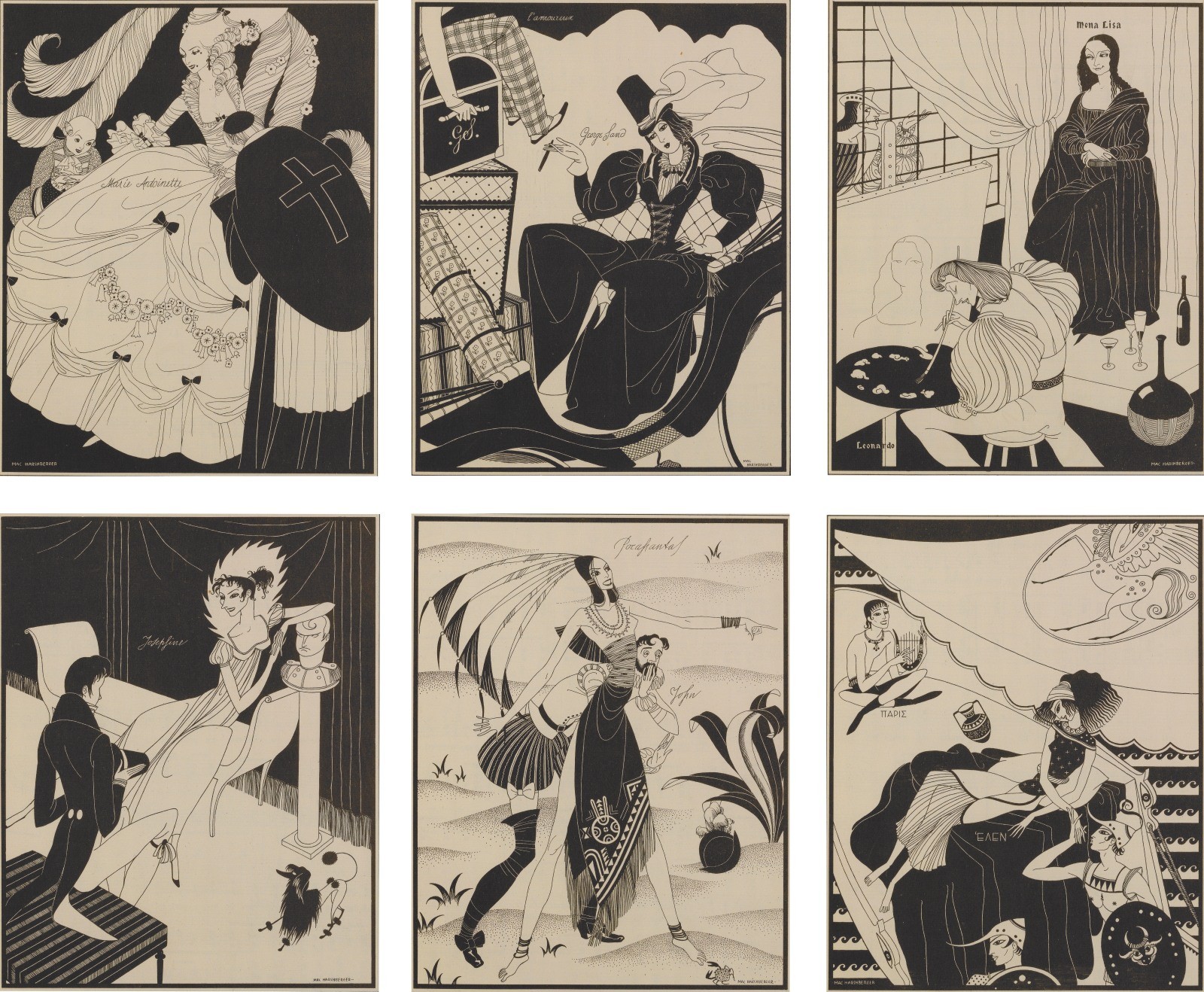 Six illustrations arranged in a grid, each depicting stylized figures in theatrical scenes with costumes, interiors, and decorative elements