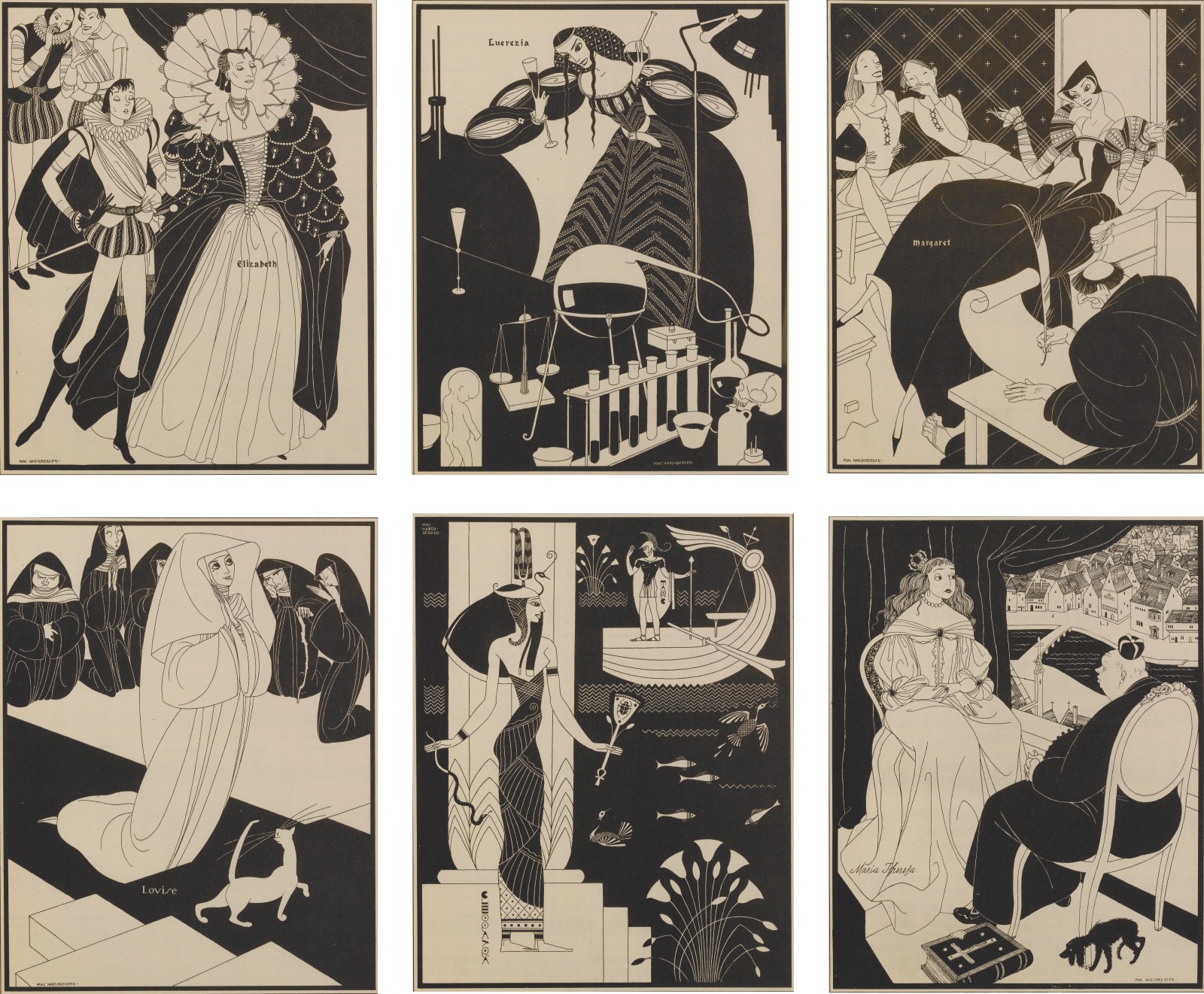 Two illustrations. Left: an illustration shows a woman in formal dress leaning an arm on a male bust. Right: a zoomed out view of the same image shows the woman seated on a bench with a man kneeling in front of her and a small dog to the woman's left.