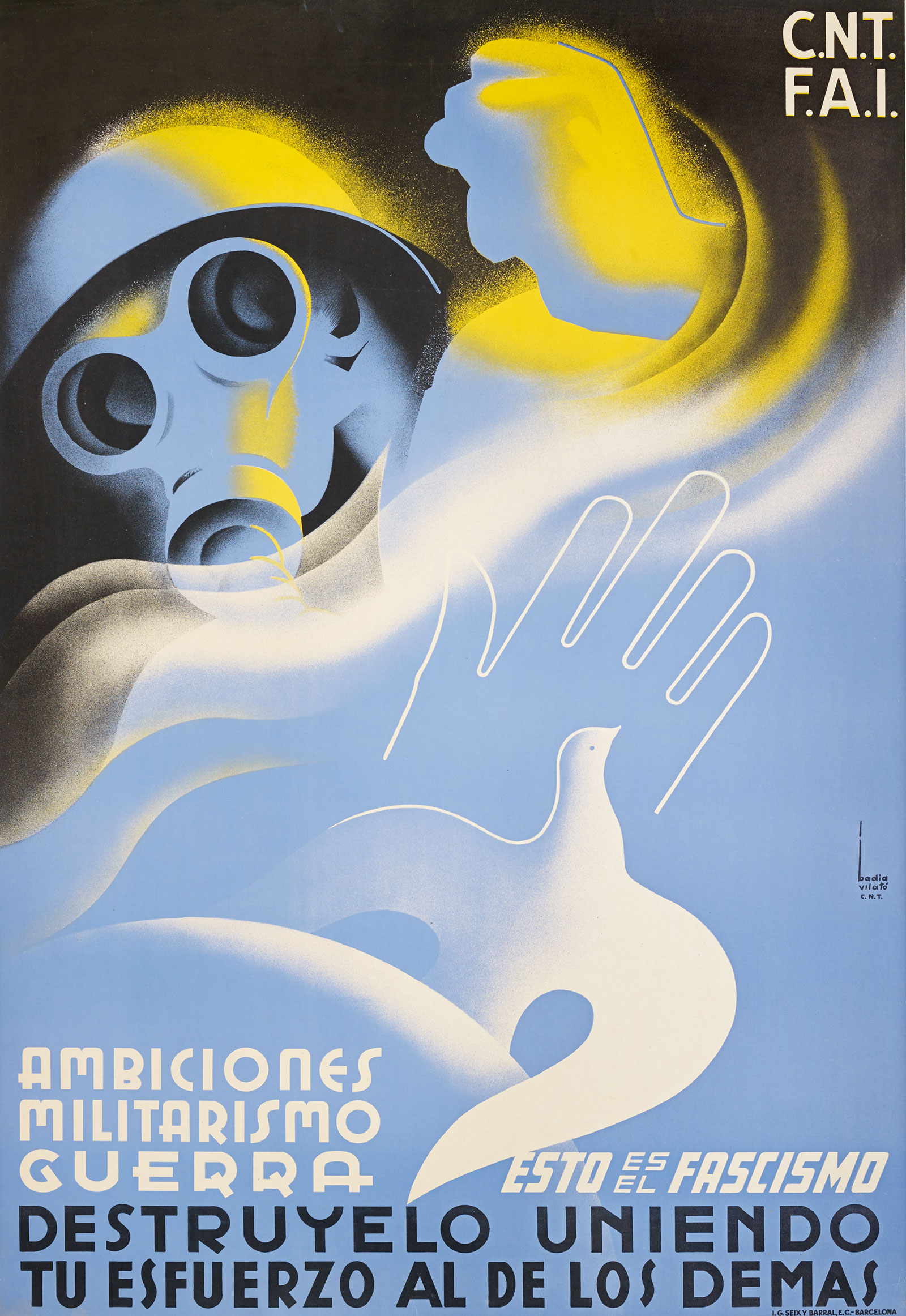 Poster juxtaposing a masked face and dove of peace