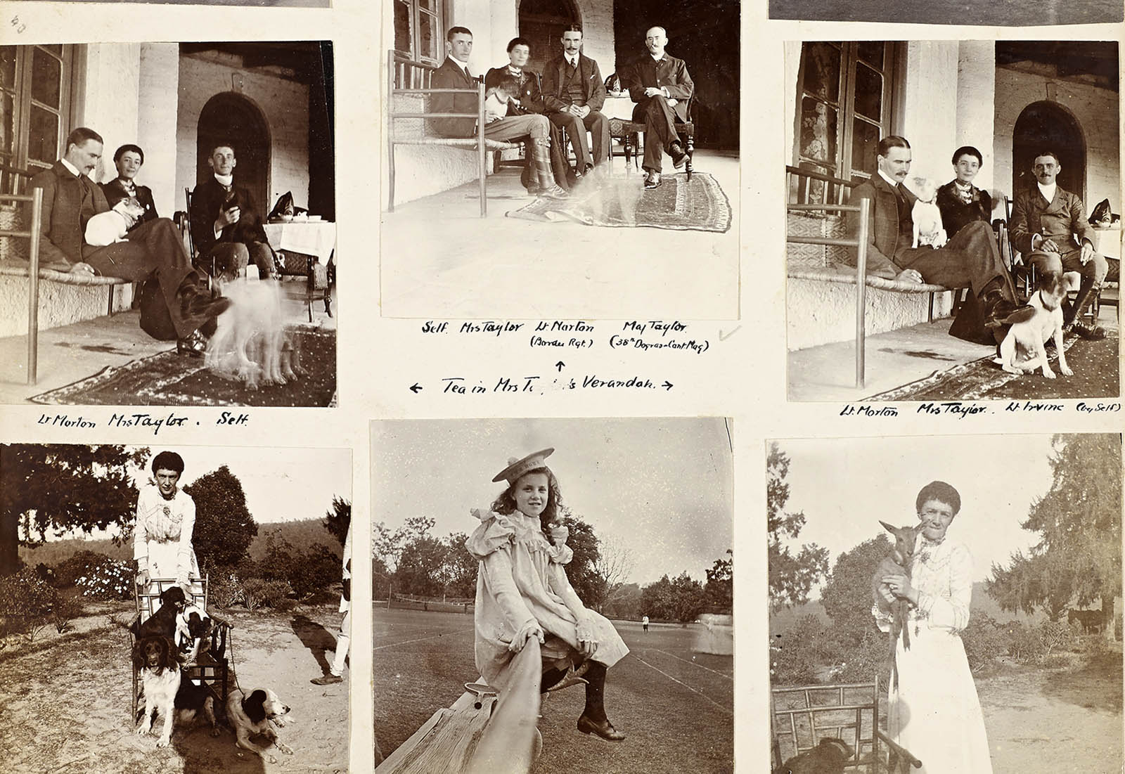 A collage of six vintage photographs shows people seated outdoors with dogs, capturing both candid and posed moments on a porch and garden setting.