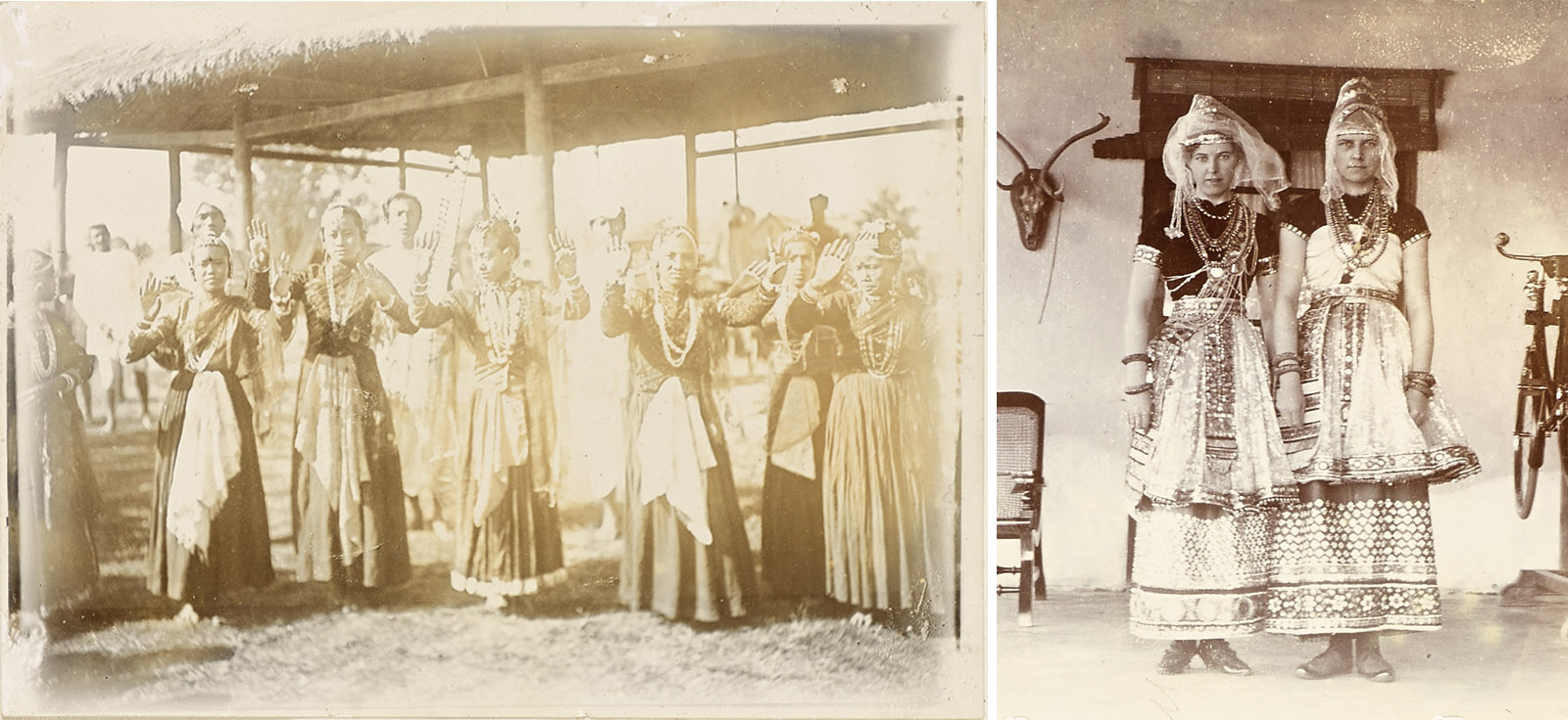  On the left, several women and men in traditional dresses perform a group dance outdoors. On the right, two women in ornate dresses and jewelry pose indoors, standing side by side with traditional decor on the walls.