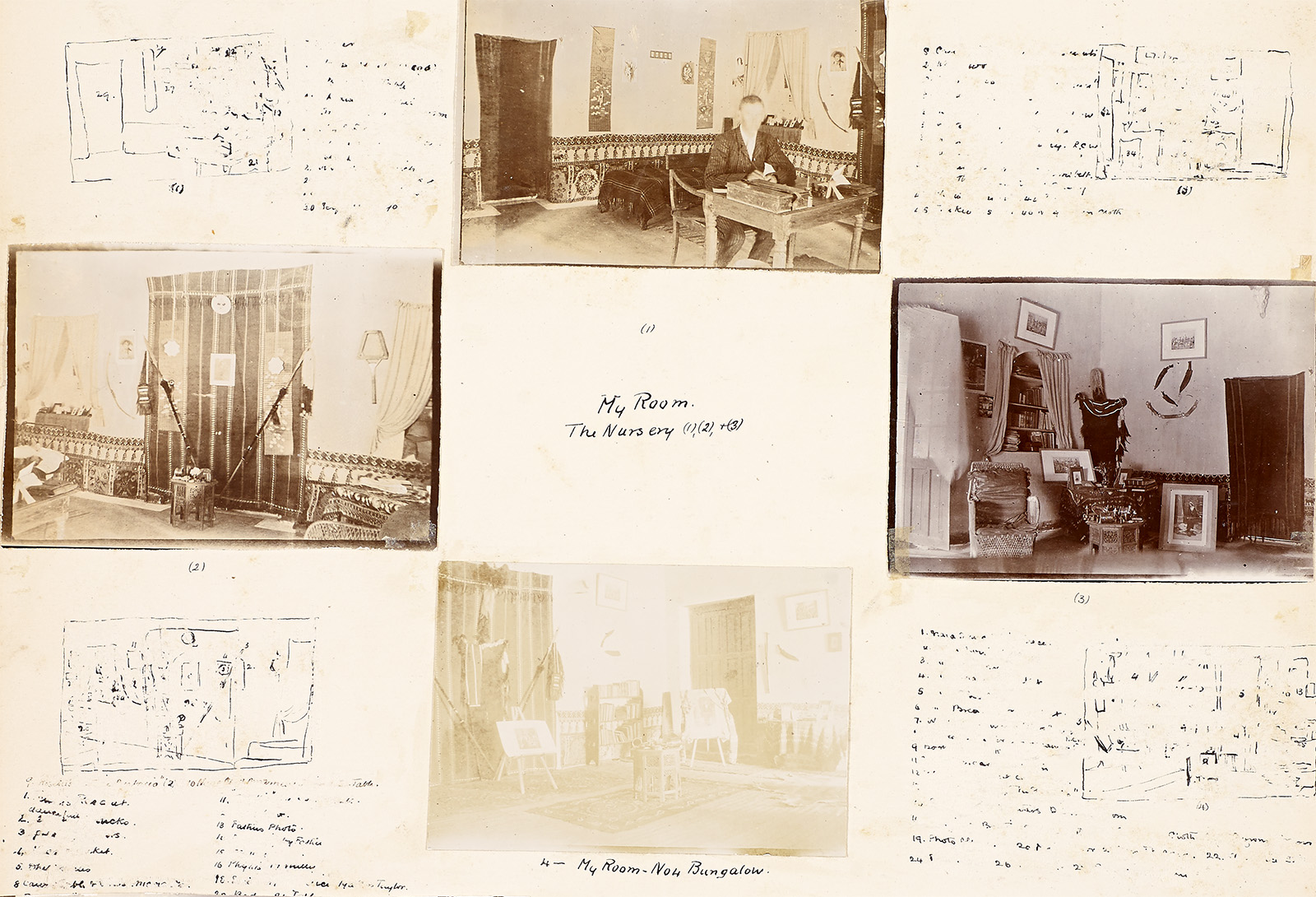 A collage featuring four sepia-toned vintage photographs of interior rooms, with handwritten notes and numbered sketches surrounding them. The central text reads, My Room, The Nursery, and bottom reads, My Room - Nou Bungalow