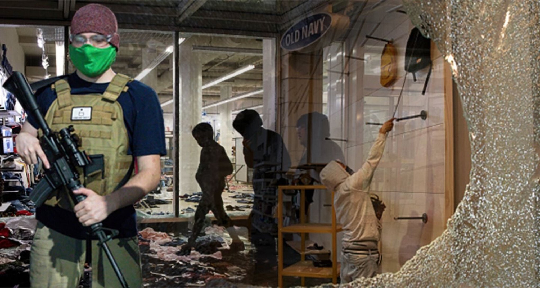 Digital altered image compiling multiple photos of looting and protest scenes