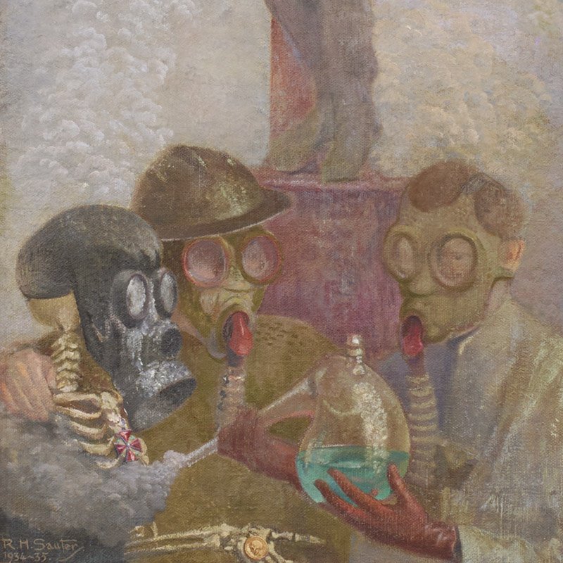 A detail of a triptych painting's central panel showing a crucifixion scene with figures in gas masks.