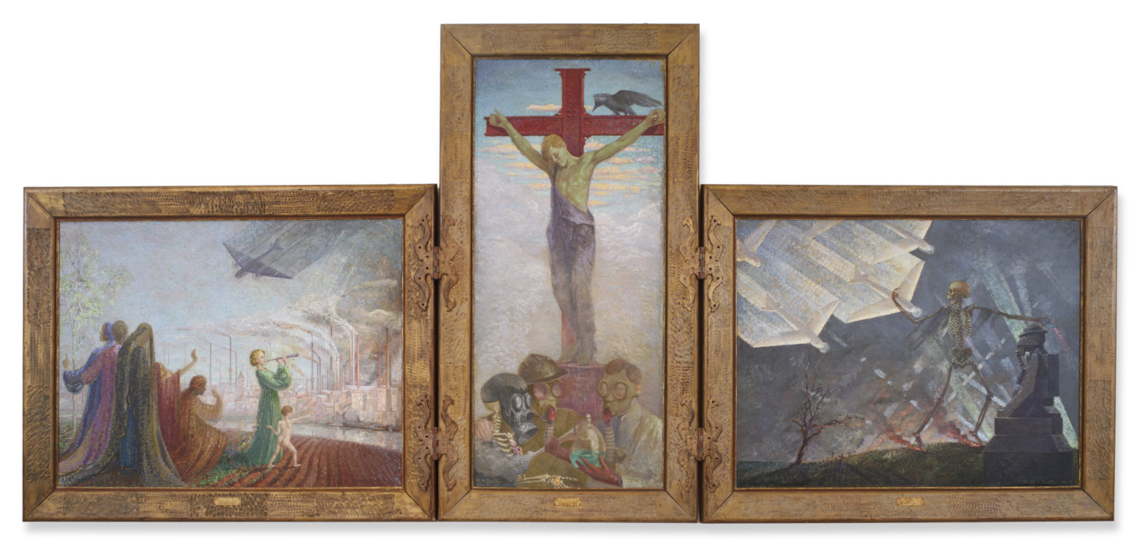 A triptych painting shows three panels: the central panel features a crucifixion scene with figures in gas masks, while the side panels depict soldiers and abstract scenes of war with dark, ominous colors.