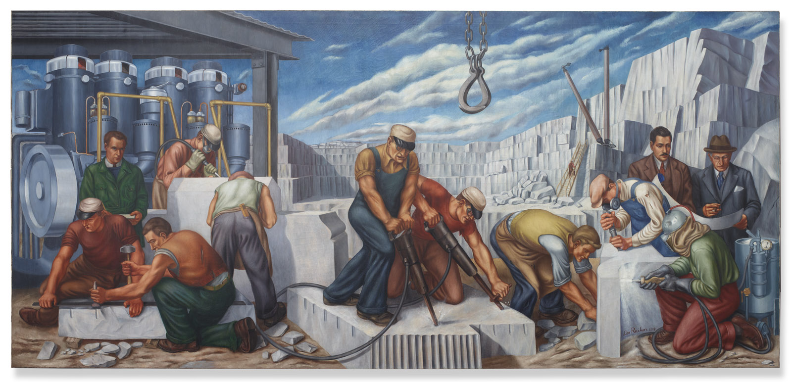 A mural depicting workers in a quarry, engaged in cutting and shaping large stone blocks. In the background, machinery is visible, and three well-dressed men observe the scene. The sky is blue with clouds.