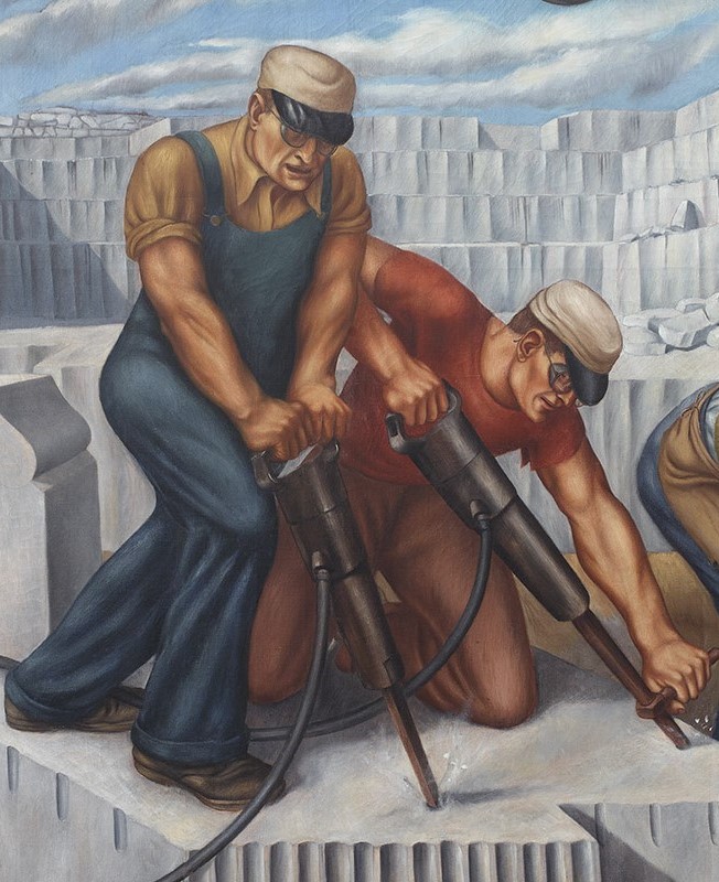 A detail of a mural depicting workers in a quarry, engaged in cutting and shaping large stone blocks.