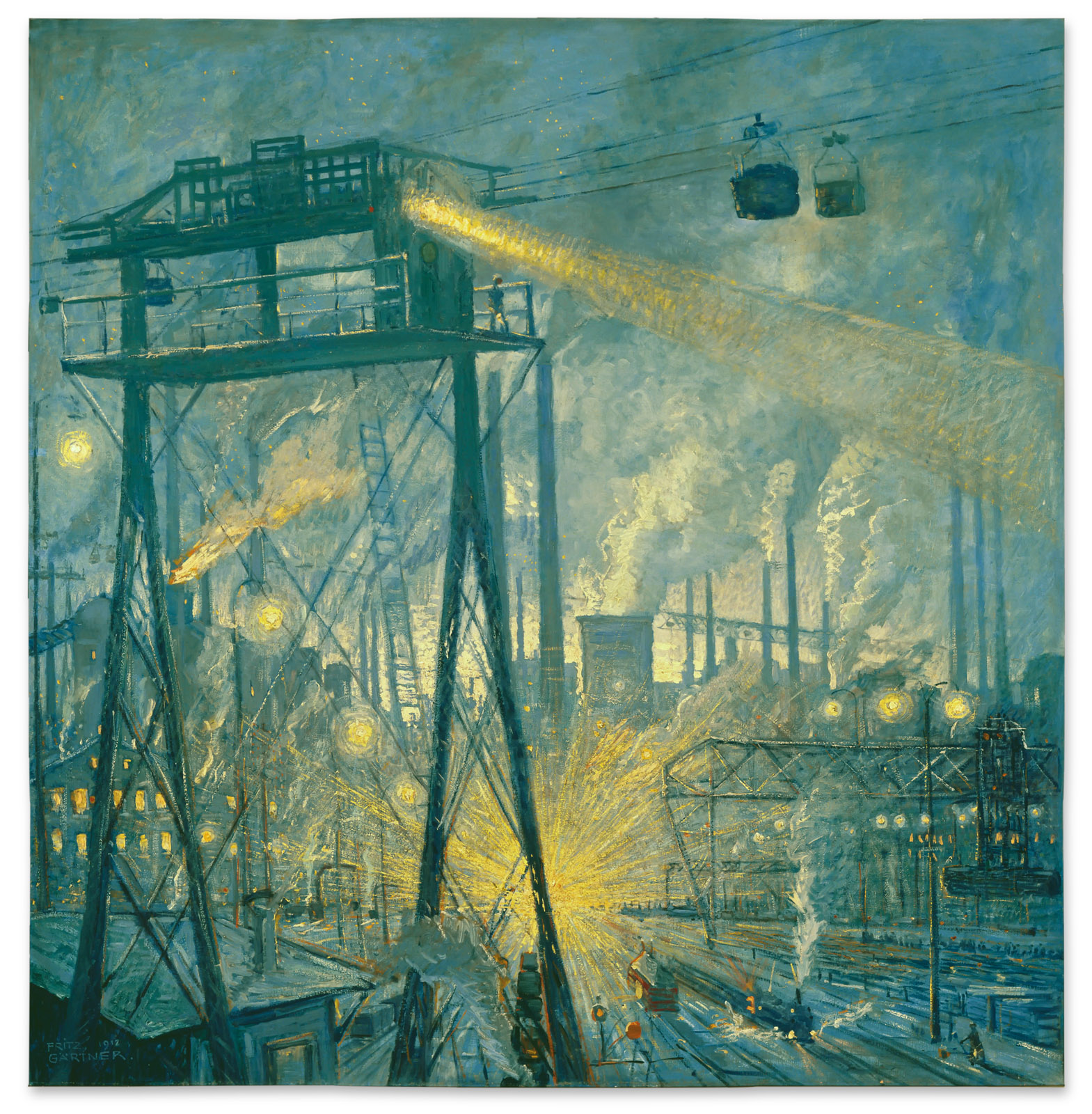 Painting depicting an industrial scene at night. Smokestacks emit smoke into a hazy sky, illuminated by bright lights. Tall metal structures and gondola lift systems dominate the landscape, with a glowing industrial complex below.