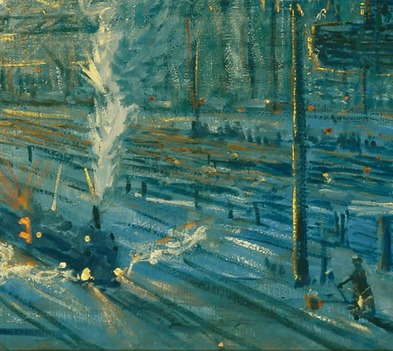 Detail of a painting depicting an industrial scene at night.