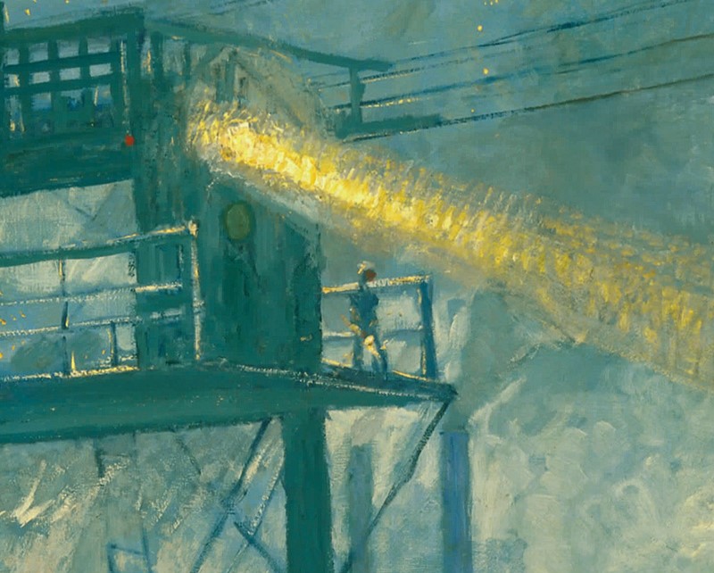 Detail of a painting depicting an industrial scene at night.