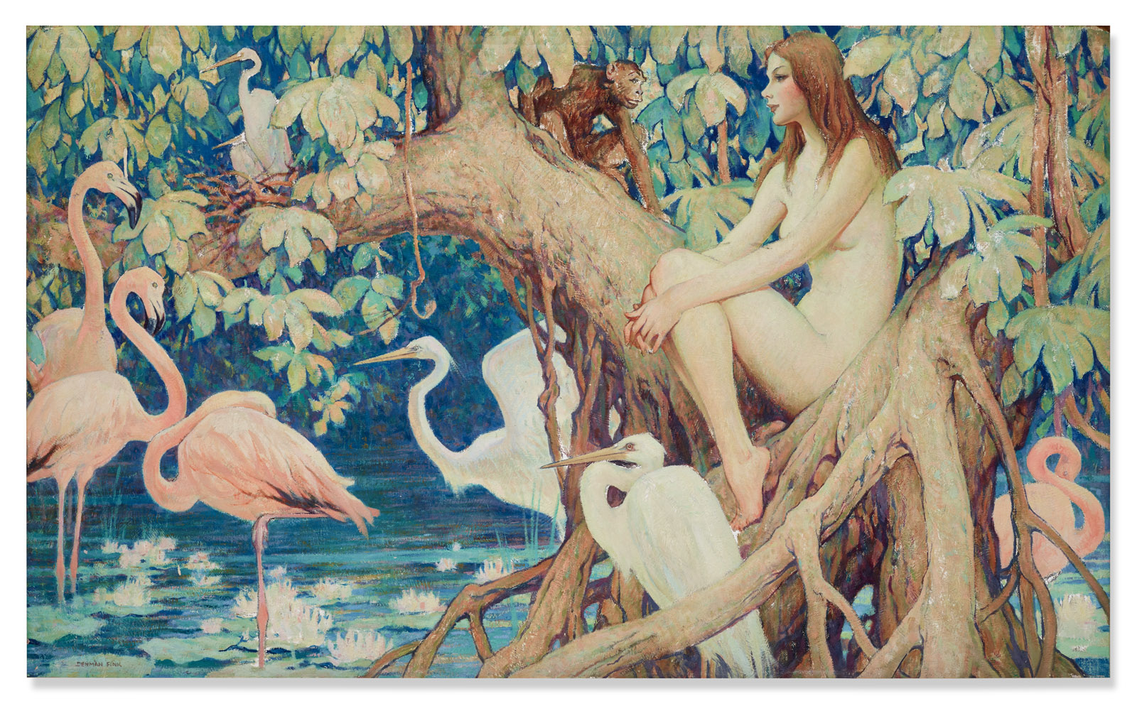 A painting of a person sitting on a tree branch surrounded by flamingos, herons, and lush green leaves. The scene is set near a water body with roots extending into it. The color palette includes pink, blue, and green hues.