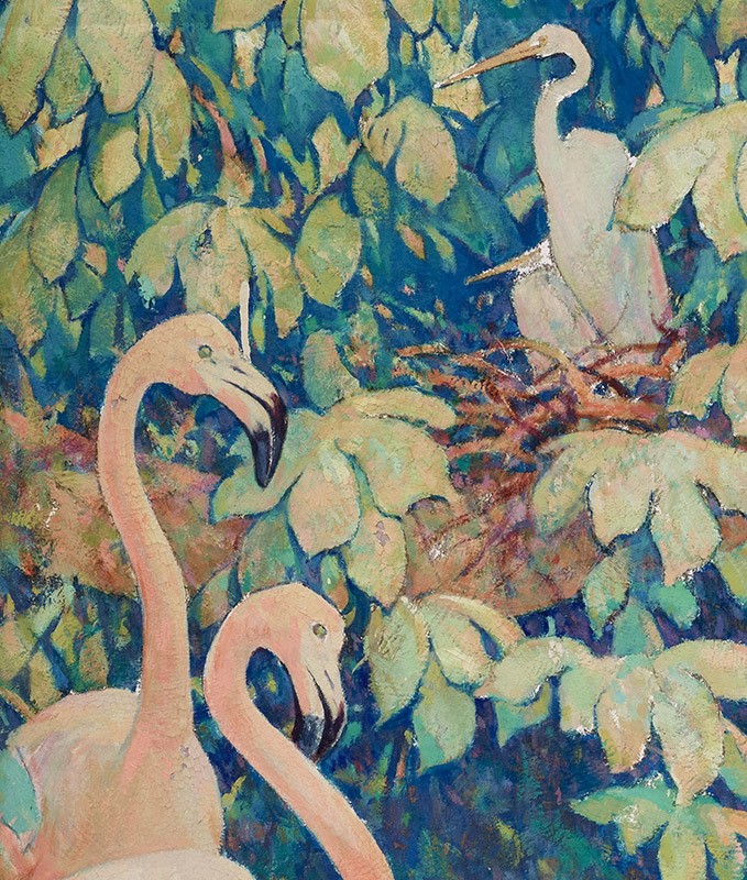 Detail view of a painting of a person sitting on a tree branch surrounded by flamingos, herons, and lush green leaves.