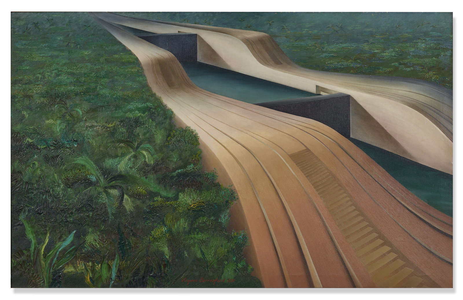 A painting depicting two parallel, abstract roads curving through a dense, lush green forest. The roads appear smooth and wave-like, contrasting with the rich texture of the surrounding foliage. The artwork is framed in wood.