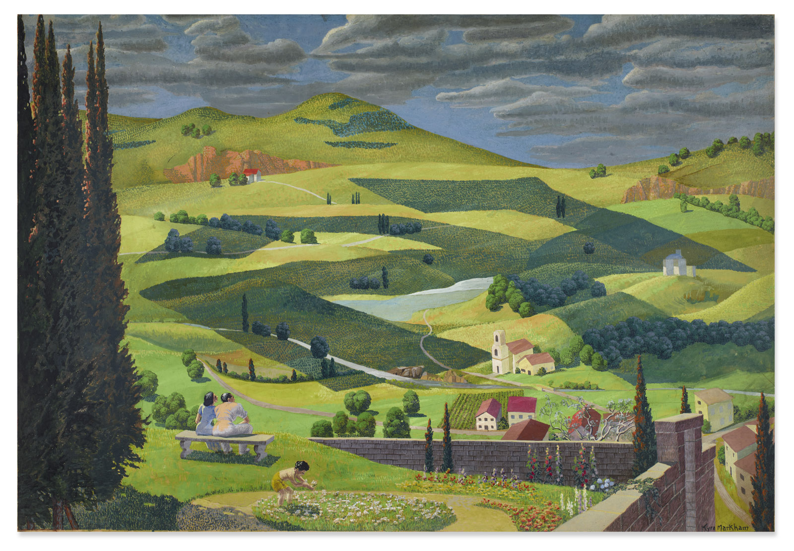 A framed painting depicting a hillside town under a cloudy sky. The shadow cast by the overhead clouds are in the shape of a swastika. The hill is lush with greenery, and small buildings are scattered throughout. Three figures, one in red, walk along a bridge in the foreground.