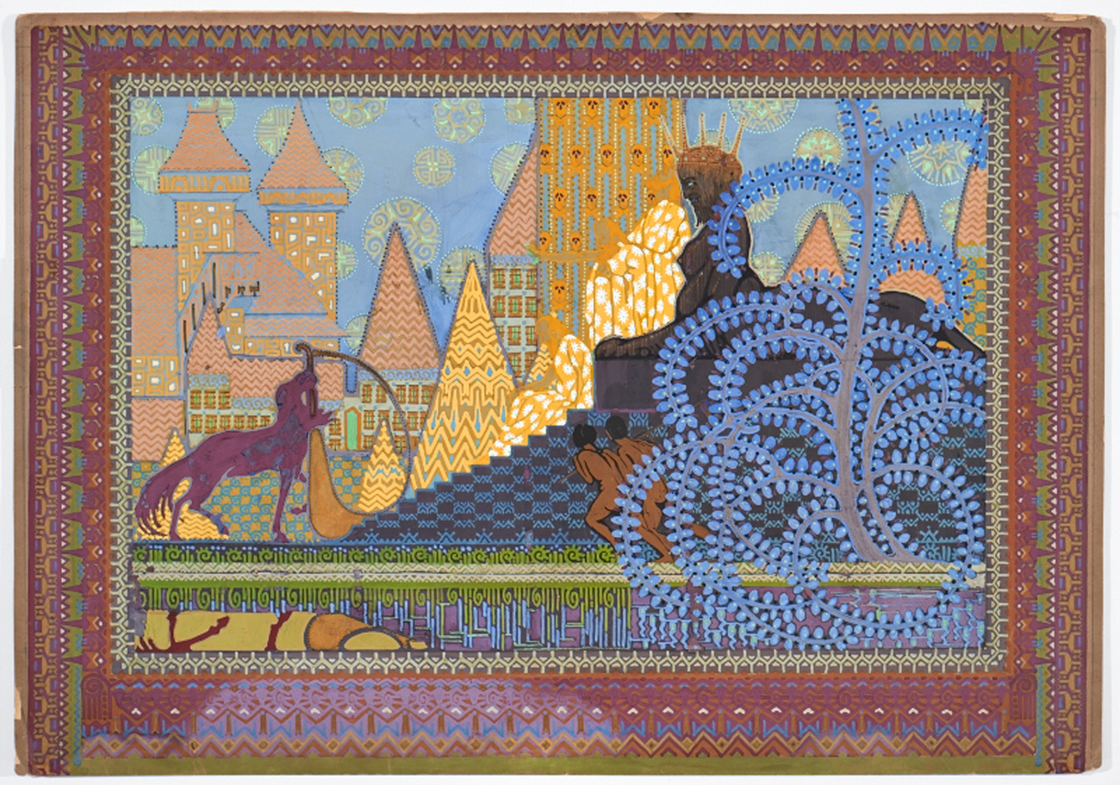 In this colorful gouache painting, a centaur plays a harp before a sphinx-like creature. The centaur, positioned on the left, is depicted in a light, washed-out plum color, while the sphinx-like creature is on the right, with dark brown skin, blue eyes, and blue lips. The centaur holds a yellow-orange and brown harp, lowering his head slightly as he plucks the instrument’s strings. The sphinx sits on a dark purple rectangular slab of stone, with several steps painted in shades of purple and blue leading up to it. It has a human head, adorned with an orange crown and a dark beard, the torso of a human female, and the body of a lion. Just to the right of the image’s center, two nude human figures with medium brown skin stand side-by-side, facing away from us. Their bodies lean left, with arms bent at their sides and legs slightly bent at the knees as if in mid-step. In the foreground, to the right, is a prominent blue, tree-like shape made up of small circular elements arranged in branching patterns. Behind the sphinx, in the middle ground, stand three figures in long flowing garments, decorated with white flowers that have a small blue dot at their center, set against a yellow background. The landscape in the background includes stylized architectural elements such as pointed towers in orange and red tones, set against a light blue sky with pale orange and yellow circular motifs. The scene is framed by a border featuring geometric shapes, zigzags, and repeating patterns in purple, red, yellow, and green.