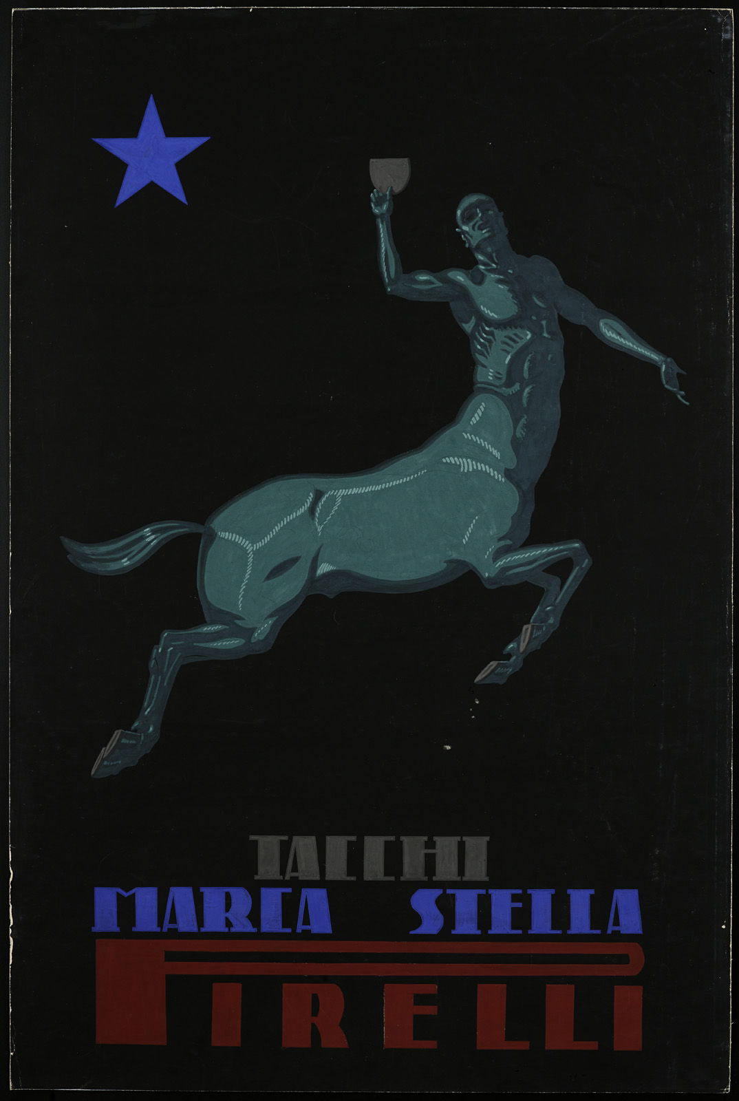 In this vertical drawing, a teal centaur holds the sole of a shoe heel at the center of the composition. The centaur has a human upper body, featuring a bald head, muscular arms, and a defined torso, while the lower half is that of a horse with four legs. The centaur appears in motion, with its front legs raised and slightly bent, and its back legs extended, as if jumping towards the right. The centaur's right arm, positioned on the left side of the drawing, is bent at the elbow, and he grips the shoe heel with his thumb and index finger. His left arm is extended forward, palm open and facing up. The background is shaded with a faded black, and a blue star is placed in the top left corner above the centaur. In the foreground, at the bottom of the drawing, the word “Tacchi” is centered in bold gray type. Directly below it, the text “Marca Stella” appears, also centered but in blue, matching the color of the star. At the very bottom of the drawing, the word “Pirelli” is written in bold red, using a different typeface, with the top part of the "P" extending to match the full width of the word.