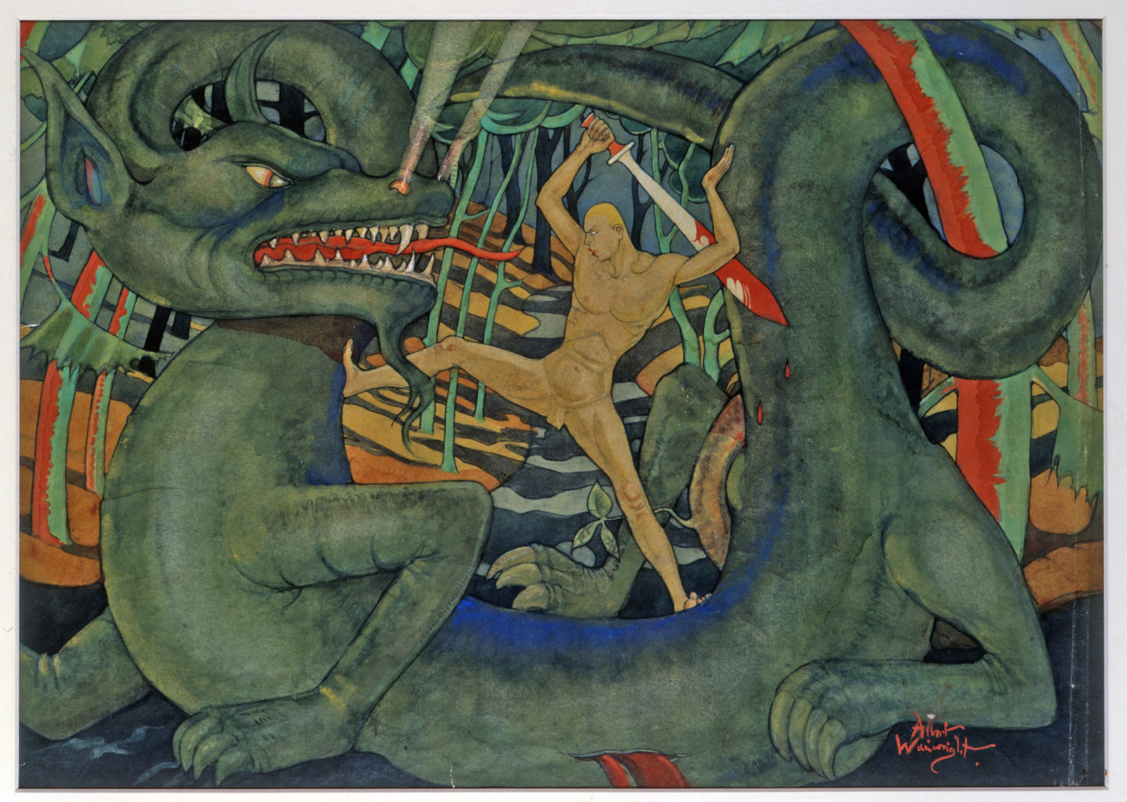 In the center of this horizontal painting, a nude man stands over a four-legged dragon with his legs spread apart, arms raised, and sword in hand. The dark green, snake-like body of the dragon coils around the man’s figure. Its large legs, ending in sharp claws, are positioned in the lower left and right corners of the foreground. The dragon’s thick, curled tail wraps around a tree trunk in the upper right corner. In the upper left corner, the dragon’s head, featuring pointed ears, sharp white teeth, a red tongue, and glowing red eyes, faces the man. Smoke streams from its nostrils. The man, with pale, yellow-tinted skin, is positioned just right of the dragon’s head. He holds a white sword in his right hand, featuring a red hilt and streaks of red along the upper half. Two drops of red liquid fall from the sword's tip. His right leg, on the viewer's left, presses against the dragon’s chest, while his left foot pins its back to the ground. The background features green and dark gray trees planted into a yellow-orange ground. Some trees are streaked with red on their trunks, and they curve inward toward a gray footpath behind the man, leading into the distance. Dark gray patches on the ground mimic the trees’ silhouettes. In the foreground, where the dragon’s body meets the lower edge of the painting, a large wound on the dragon's side bleeds. To the right of the wound, near the lower right corner, the artist’s signature appears in red.