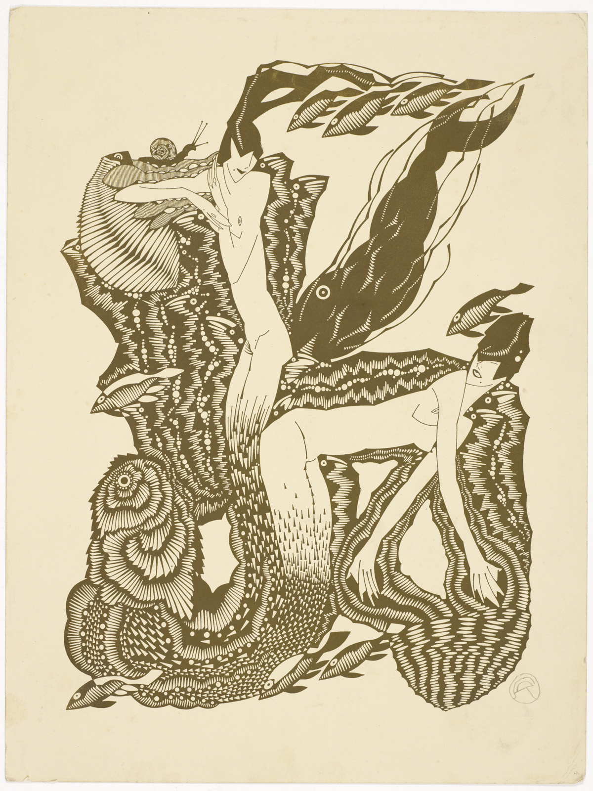 This vertical lithographic print features two stylized, slender women whose bodies merge into large fish tails, intertwining with patterns reminiscent of aquatic life. On the left, one woman stands upright, facing the edge of the paper, her head turned to the right as she gazes down at the other woman below her. She has a narrow, angular face, and her dark hair extends upward into a flowing shape. Her arms are long and bent—her right arm rests on a textured, rock-like surface, while her left arm crosses her chest, with her hand placed on her right shoulder. A small snail perches atop the rock near her right arm. She is nude, with her left breast exposed and a small black mole just below the right corner of her lips.  In the lower right quadrant, the second woman is positioned horizontally, bending over with her arms stretched forward and downward. Her body mirrors the slender form of the other woman, with elongated, webbed fingers. Only her left eye is visible, drawn with a thin line, and her mouth is slightly open in a subtle smile. Like the first woman, she has a black mole under the left corner of her lips. Her dark hair is styled similarly, though it remains collected rather than flowing outward. She is also nude, with her breasts partially exposed.  The fish tails of both women are composed of sharp black-and-white triangular shapes, twisting and curving toward the left side of the print. Surrounding the figures are intricate patterns of flowing lines, fish with white-striped bodies, and circular eyes with small black pupils. A large, fish-like sea creature swims diagonally behind the women, its round eye and arched lines defining its sleek form.