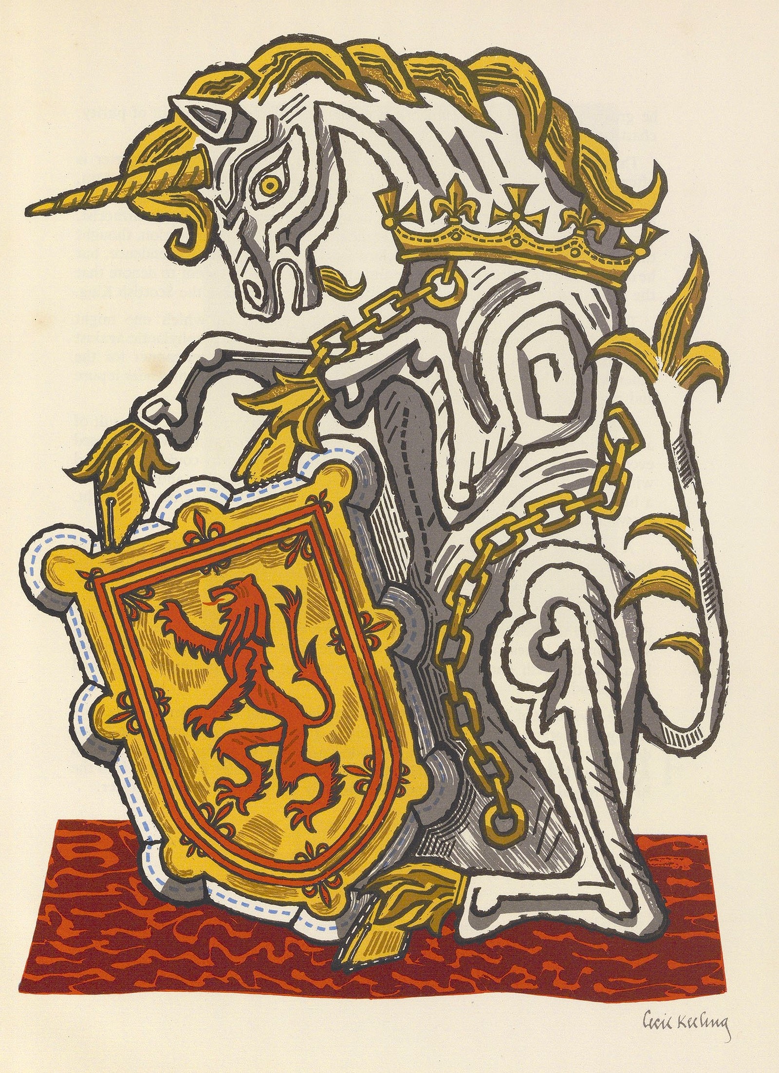 In this vertical illustration, a unicorn sits on its hind legs, supporting the top edge of a crest with its front legs. The unicorn is shown in profile, facing left, and is white with a gold horn, hooves, and mane. Its body is slender and muscular, featuring a long mane that flows down its neck and a tail that extends upward behind it.  Around the base of the unicorn’s neck is a gold collar shaped like a crown, with a gold chain that wraps around its chest and back, cascading down its side. The crest the unicorn holds is squared at the top and rounded at the bottom, framed by a white decorative border outlined in black and featuring a light blue dashed pattern on the inside.  The center of the crest has a yellow-gold background and displays a lion-like creature in red-orange with a black outline. Surrounding the lion is a decorative border consisting of two red-orange lines with a yellow-gold line in between, adorned with eight decorative flourishes around the perimeter. The unicorn grips the crest with both front hooves, holding it in place.  Both the unicorn and the crest rest on a deep red rug decorated with wavy red-orange lines. The background of the illustration is the color of the paper.