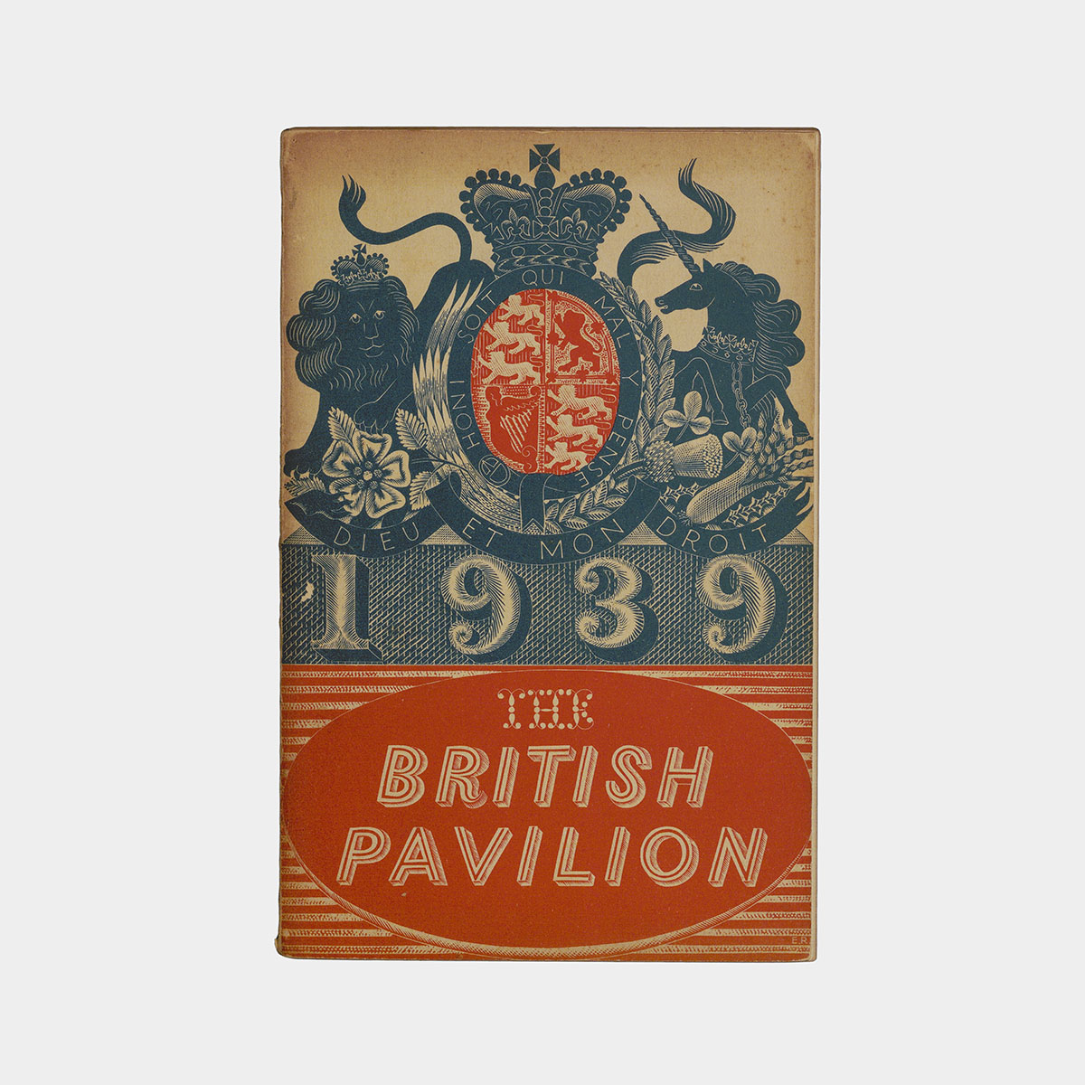 In this vertical book illustration, the British royal coat of arms is displayed above the date “1939” and the text “The British Pavilion.” The coat of arms features a crowned shield supported by two animals: a lion on the left and a unicorn on the right. The lion, facing forward, has a mane and a crown, while the unicorn rears up on its hind legs, sporting a long, spiraling horn and a crown-shaped collar with an attached chain. Both animals are dark blue, outlined in white. The shield is divided into four quadrants, each with a different emblem: the top-left quadrant shows three lions walking with one paw raised; the top-right quadrant features a lion standing on its hind legs within a decorative background; the bottom-left quadrant displays a harp with detailed strings; and the bottom-right quadrant again features three lions walking. Surrounding the coat of arms is a dark blue belt inscribed with "HONI SOIT QUI MAL Y PENSE" (“Shame on him who thinks evil of it”). Below the shield, a ribbon bears the motto "DIEU ET MON DROIT" (“God and my right”). Directly beneath the coat of arms, the numbers "1939" are printed in dark blue, featuring intricate decorative details and a drop shadow for a three-dimensional effect, against a dark blue background with small brick-like rectangles at a 45-degree angle. Below that, a red oval shape contains the title "THE BRITISH PAVILION" in cream-colored, stylized lettering. The bottom of the oval has a protruding edge for added depth. The background behind the red oval features red and white striped lines, with red and white Ben-Day dots covering parts of the white stripes.