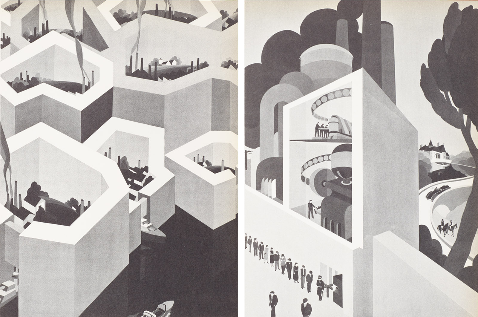 Two black-and-white illustrations. On the left, hexagonal compartments contain industrial landscapes with smokestacks. On the right, a group of people line up to enter a modern, rectangular building filled with machinery.