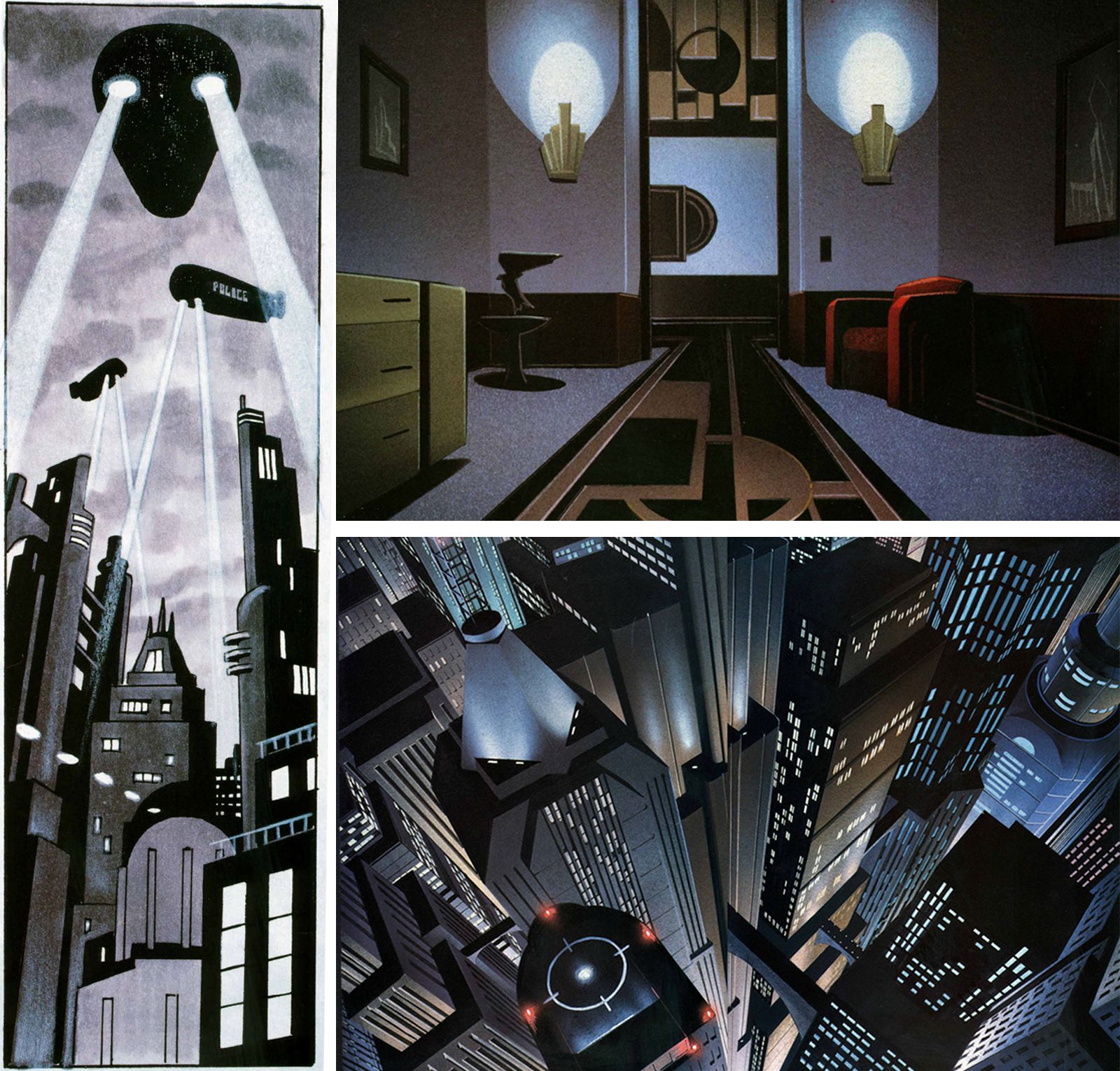 Three illustrations in a grid. Left: police blimps shine searchlights over a city skyline. Top right: an interior with geometric lights, rug, and furniture. Bottom right: a nighttime view looking down at skyscrapers with glowing windows.