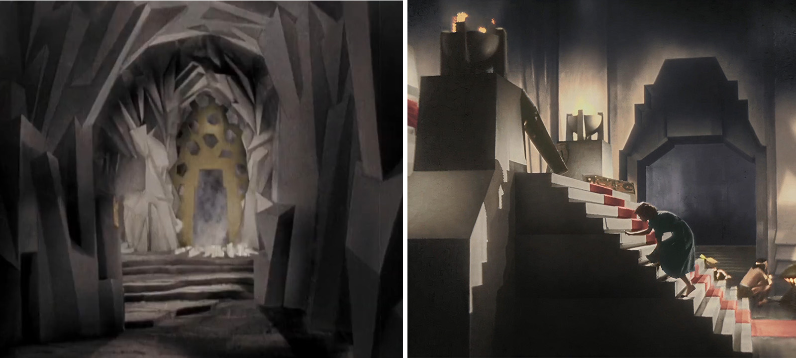 Two still images from the movie She (1935). On the left, a stone tunnel with jagged, geometric walls leads to a doorway framed by large stone spikes. On the right, a woman crawls up a staircase with a large, carved doorway in the background.