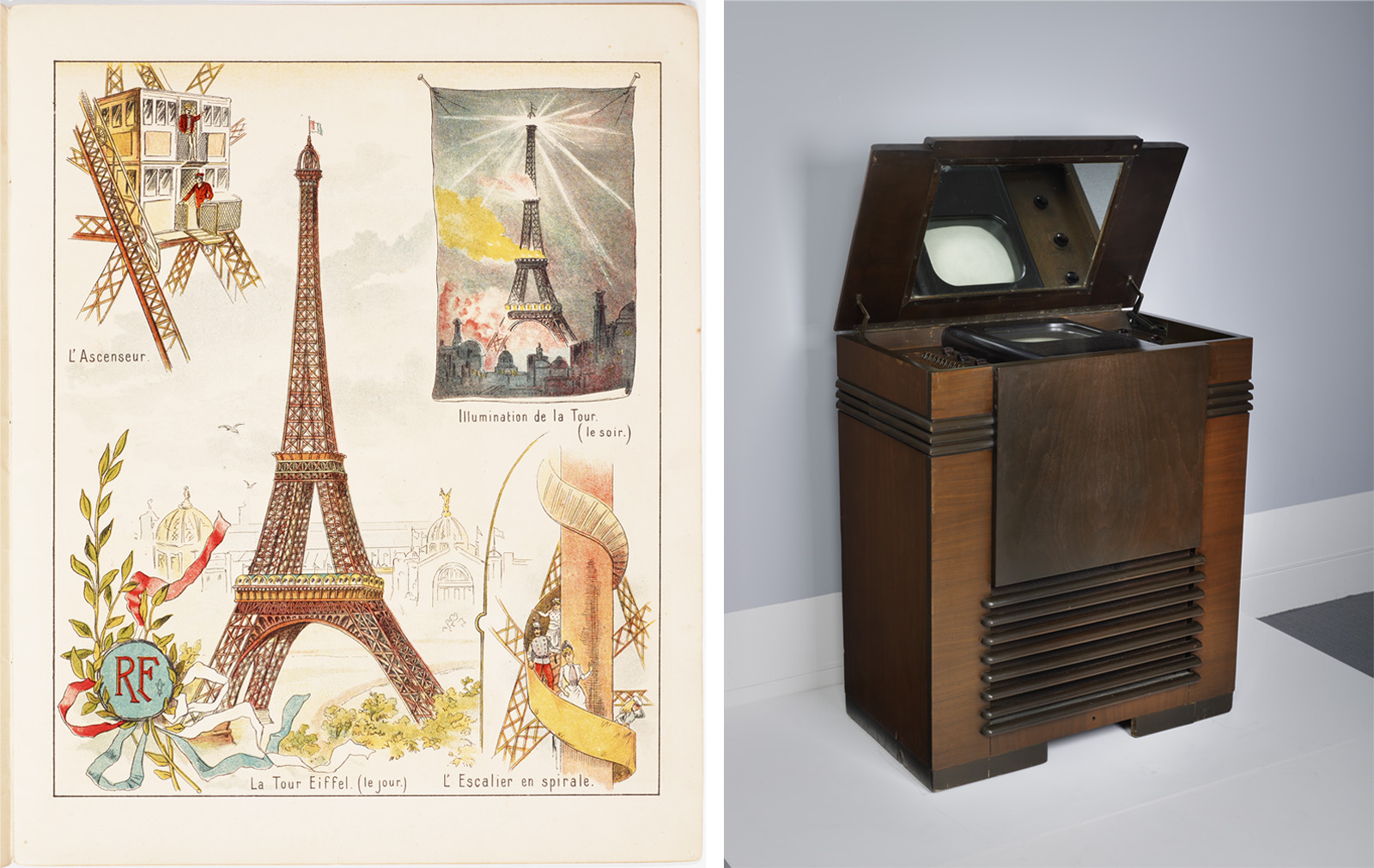 Alt: On the left, an illustration featuring views of the Eiffel Tower with elevator, nighttime illumination, and spiral staircase; on the right, an early wood-cabinet television set