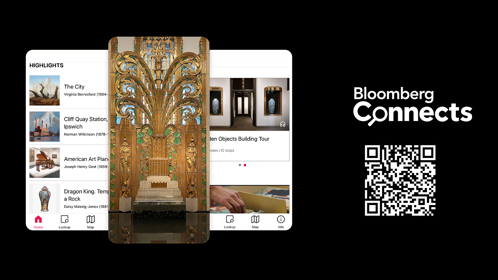  A smartphone displaying a museum app screen with tour and exhibition highlights. To the side, Bloomberg Connects and a QR code are shown on a black background.