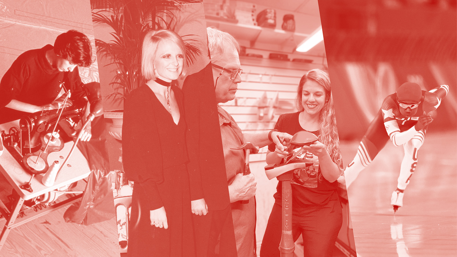 Red-tinted collage of four photographs showing a person sewing, a person smiling, two people holding a shoe, and a speed skater on the ice.