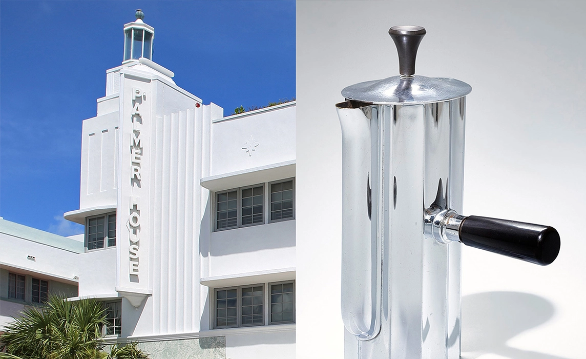 A hotel and a chrome-plated coffee pot in the Art Deco style