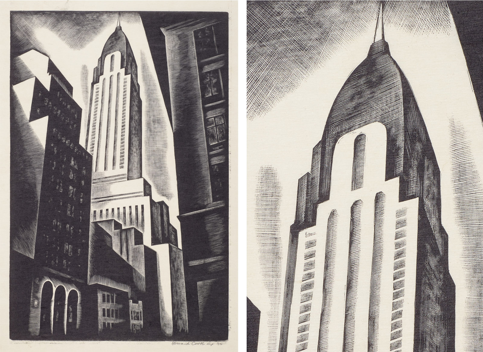 Two black-and-white prints of the Chrysler Building. Left: the skyscraper towers above surrounding structures, framed by sharp angles and dramatic light. Right: a close-up of its crown and spire, rendered with bold lines and shading.