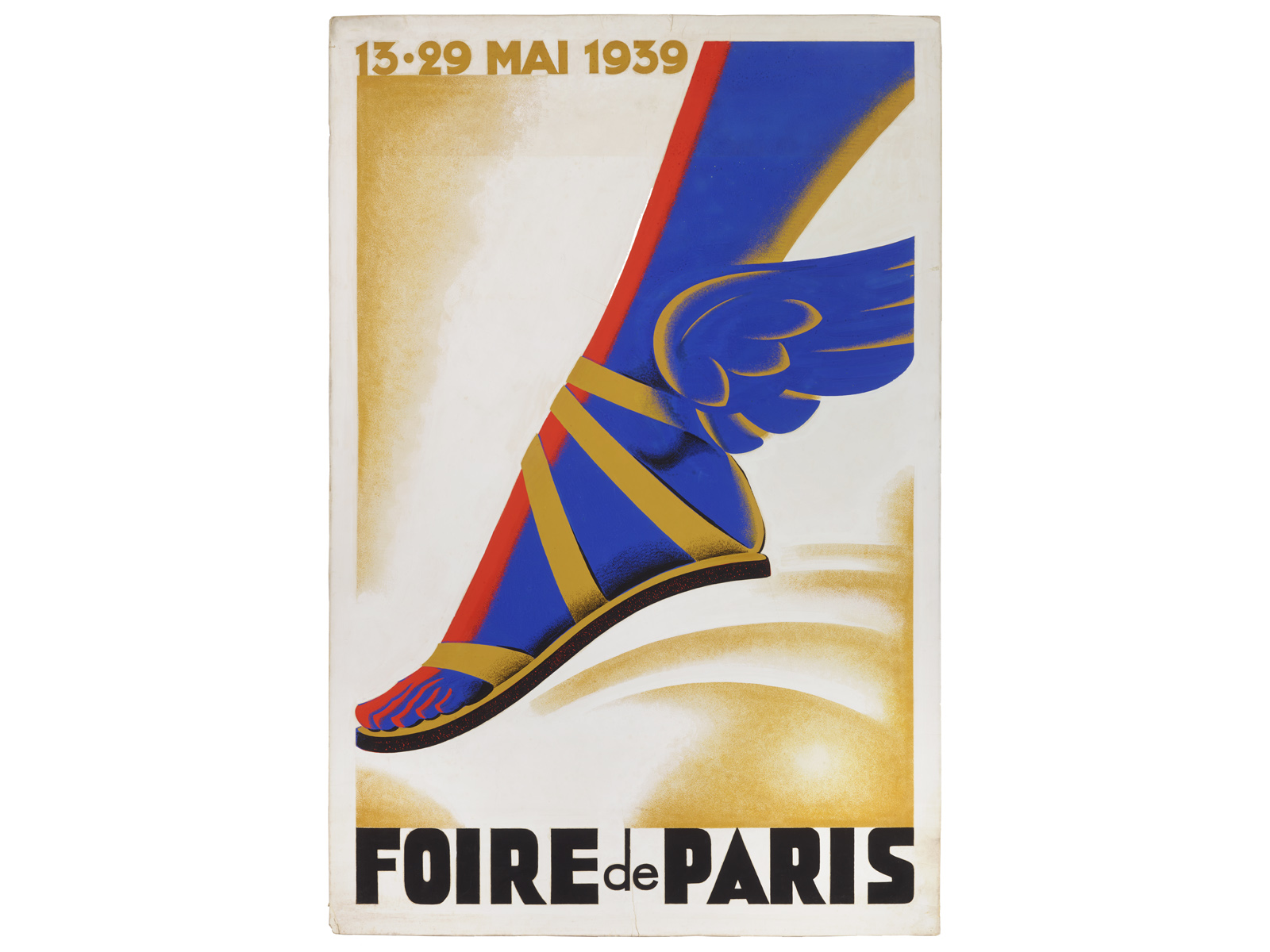 Poster showing a stylized blue winged foot in a sandal above the words “FOIRE de PARIS”