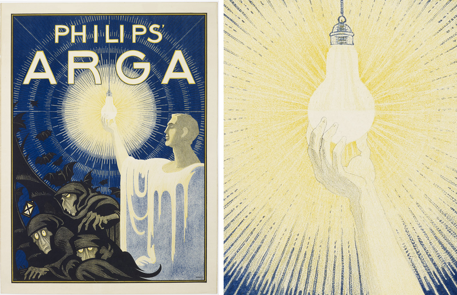 Two illustrations featuring light bulbs. Left: a Philips Arga poster shows figures huddled in darkness below a glowing bulb held aloft by a candle-like figure. Right: a hand raises a bright bulb radiating golden light.