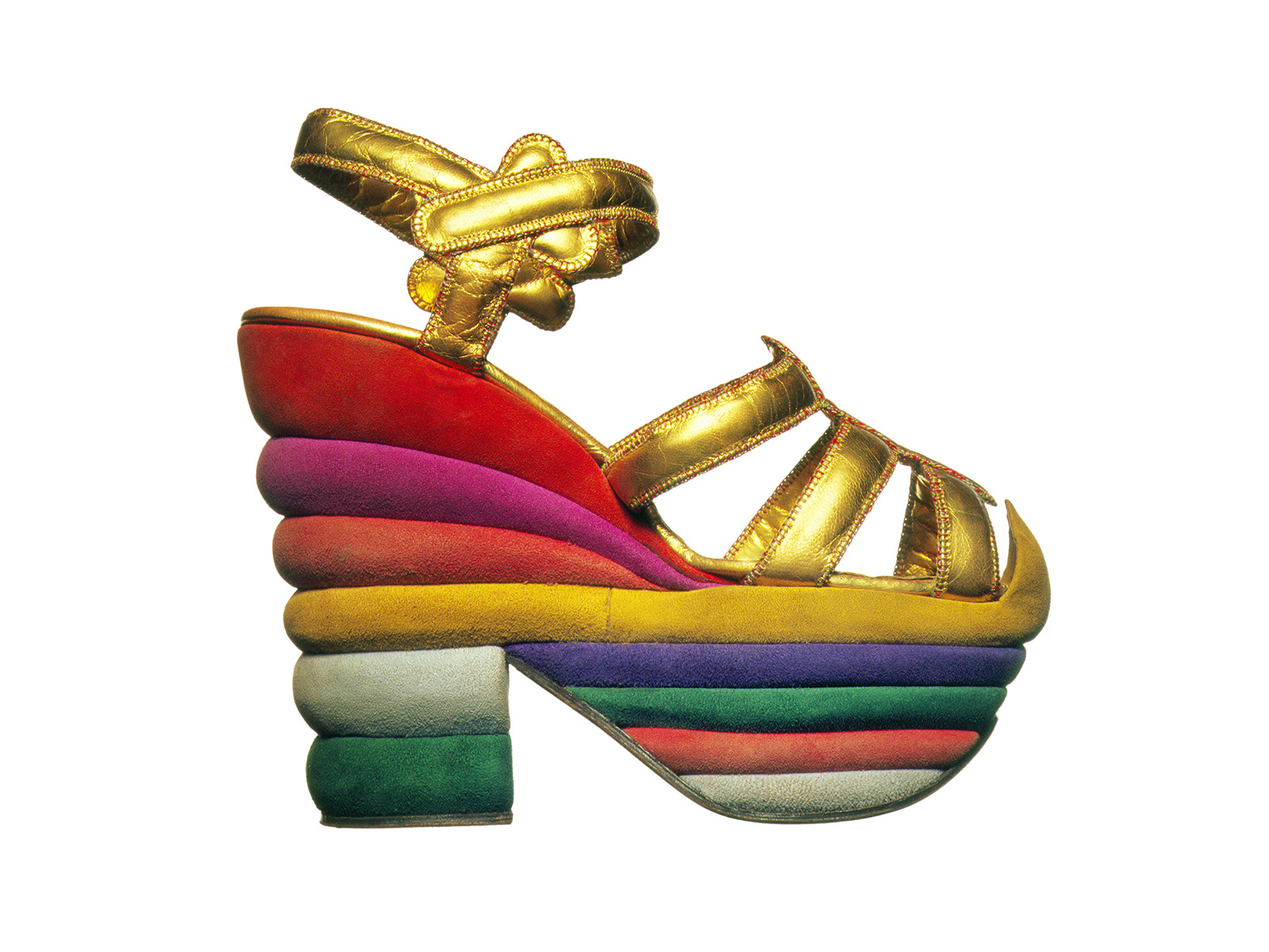 Gold strappy sandal with a thick, multicolored platform sole and block heel